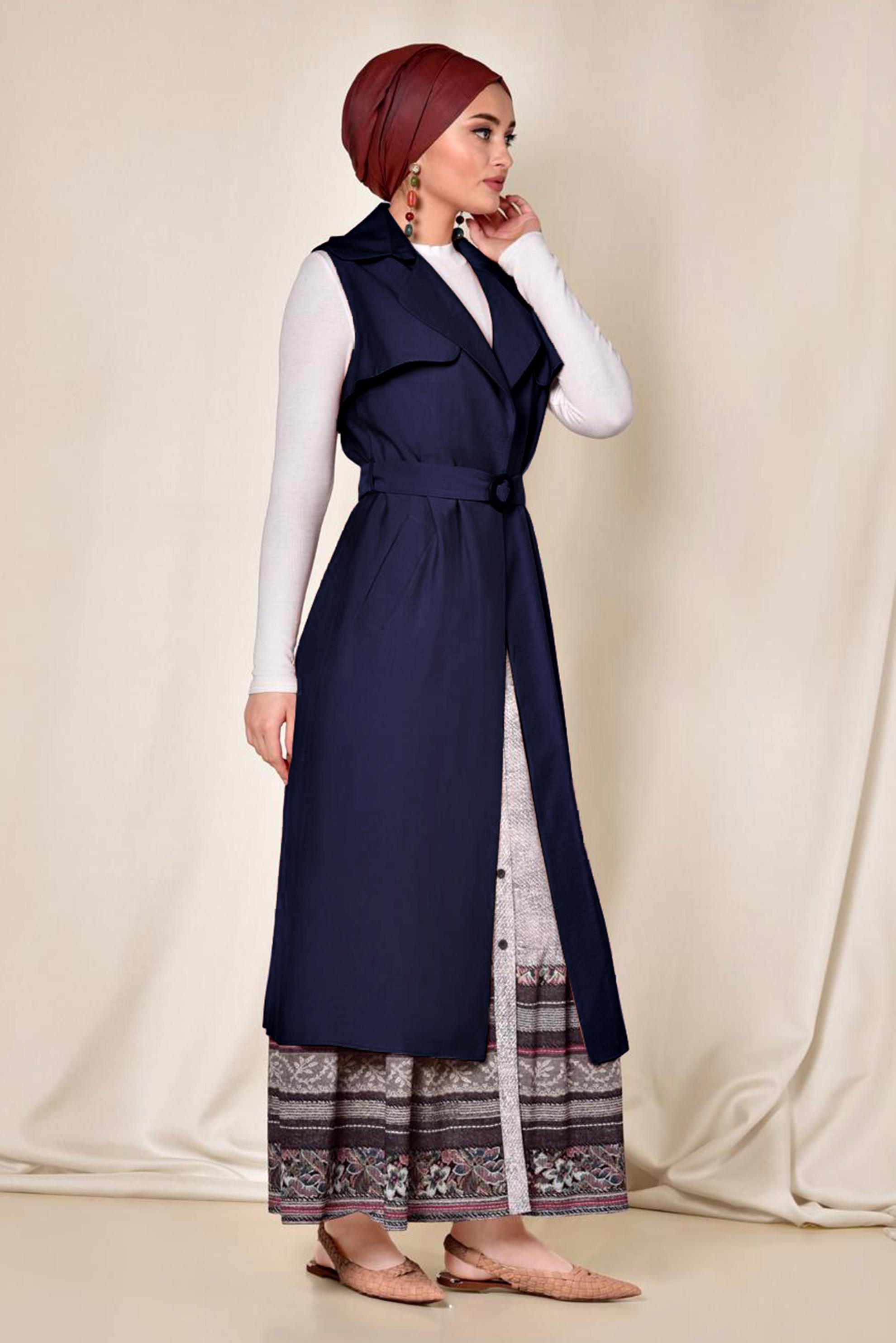 Tesettür giyim LACİVERT KUŞAKLI YELEK 4078