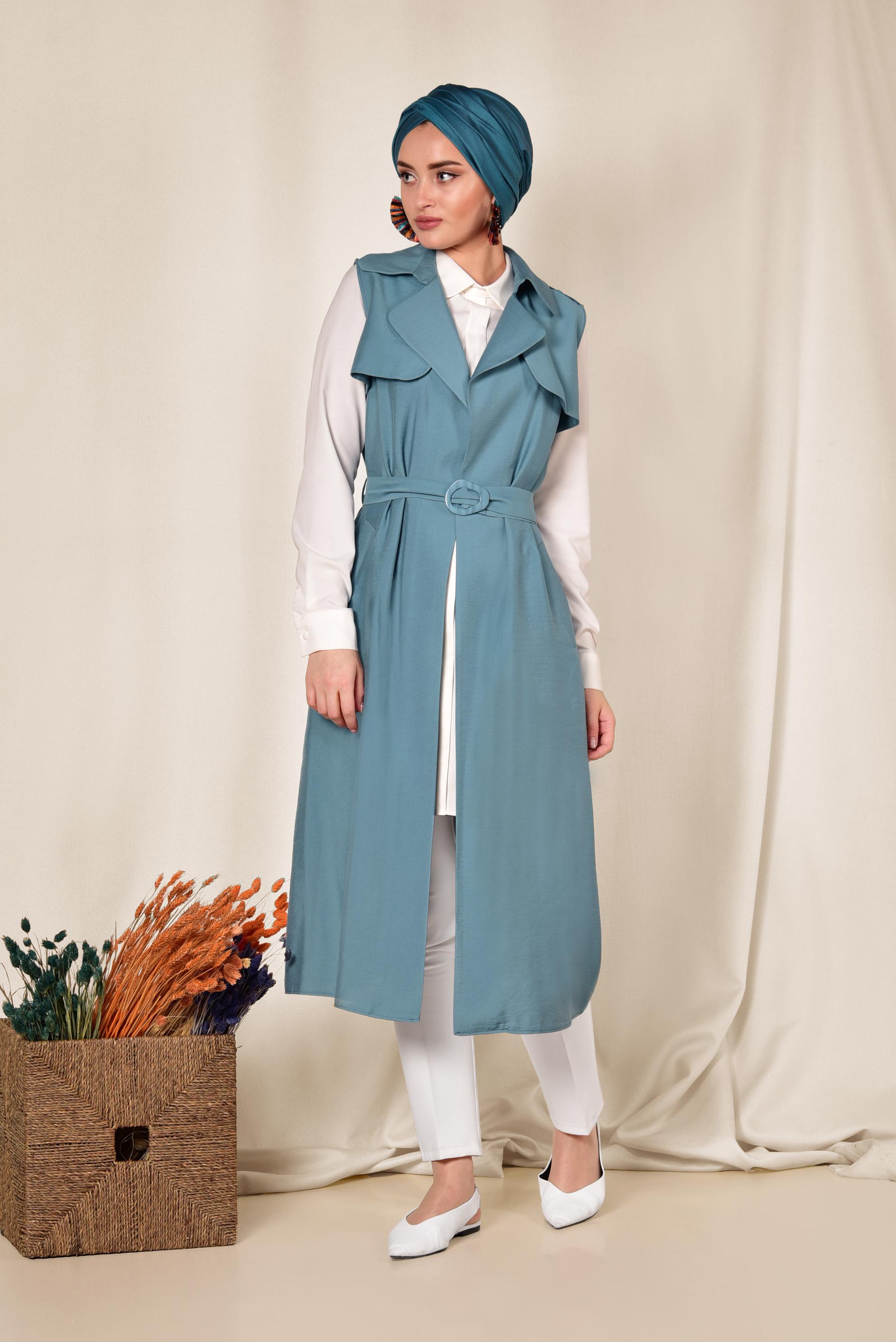 Tesettür giyim MAVİ KUŞAKLI YELEK 4078