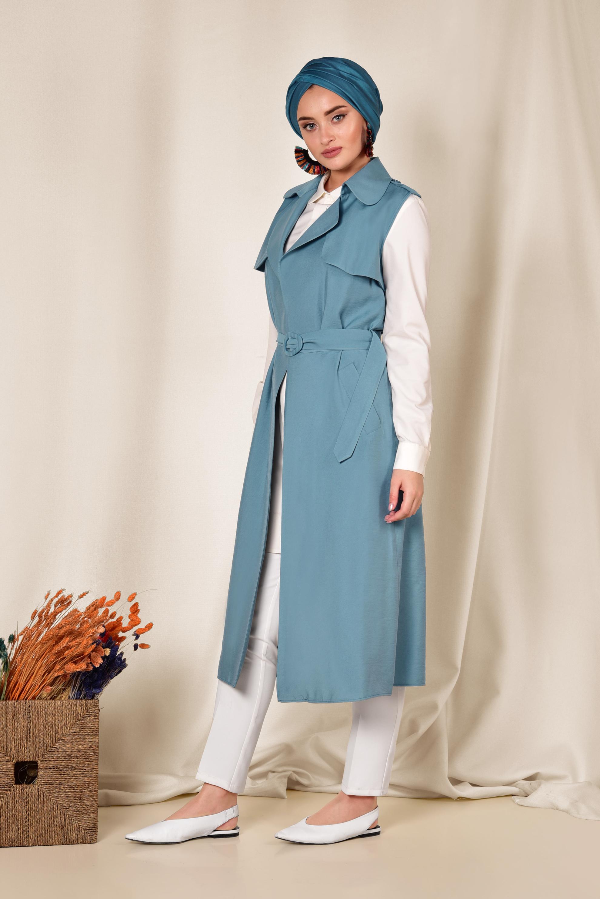 Tesettür giyim MAVİ KUŞAKLI YELEK 4078