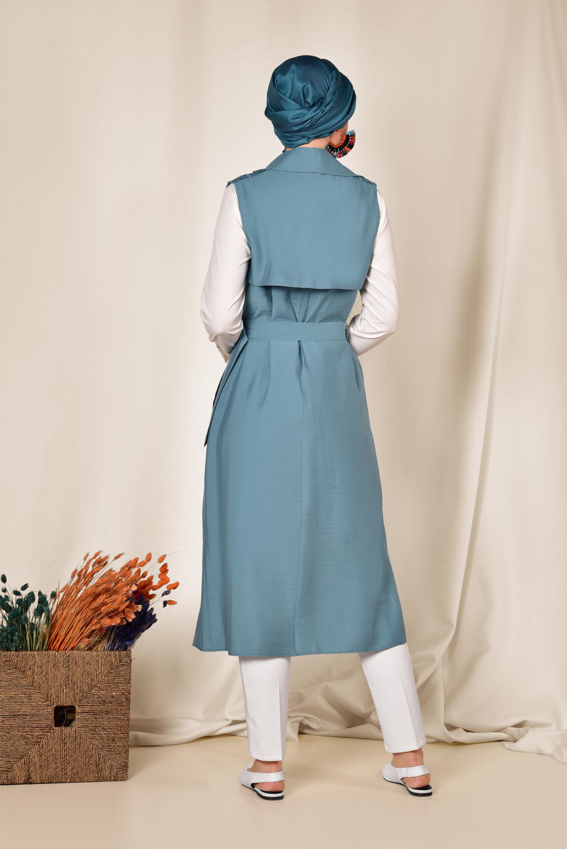 Tesettür giyim MAVİ KUŞAKLI YELEK 4078