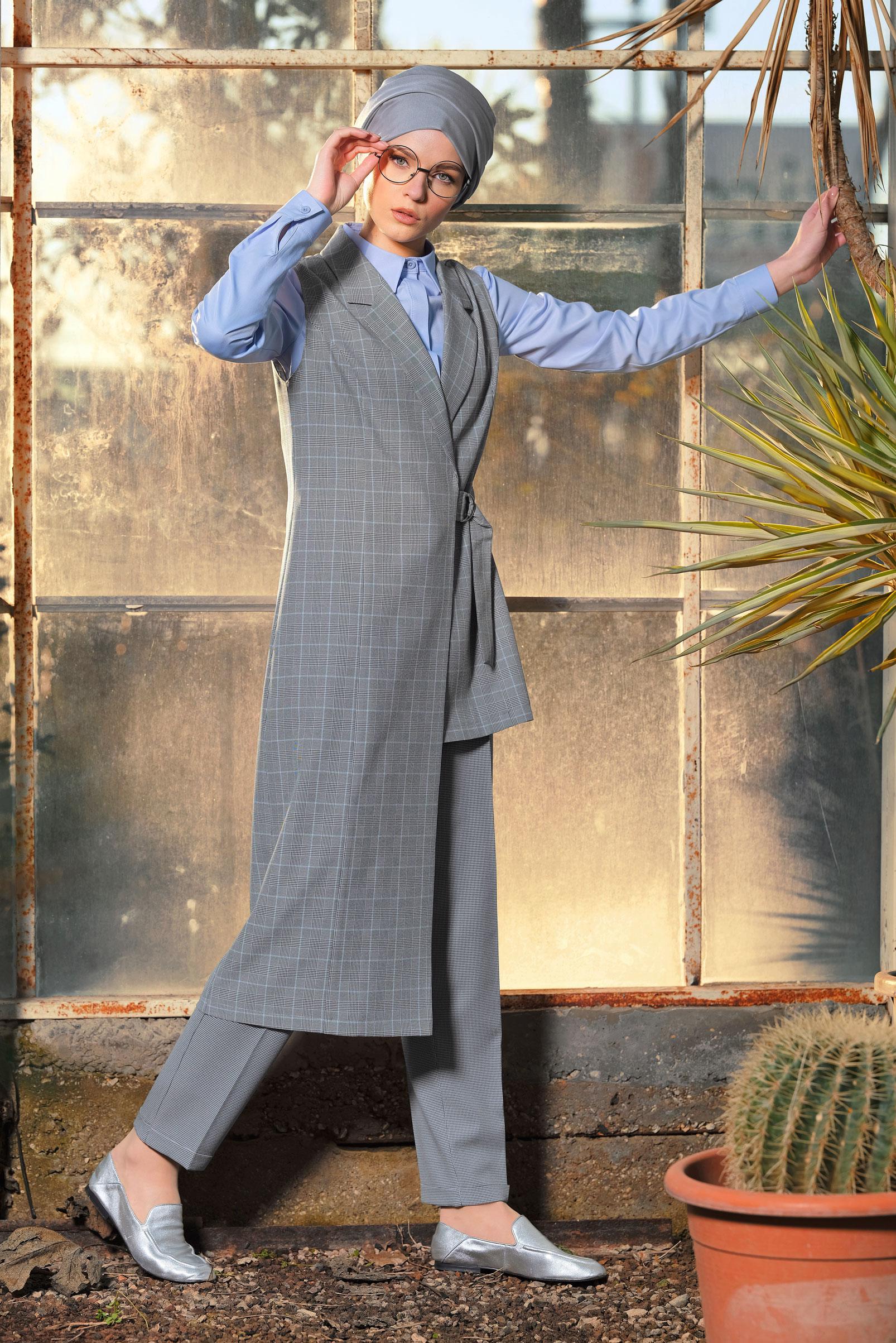 Tesettür giyim SİYAH EKOSE DESENLİ ASİMETRİK YELEK 4092