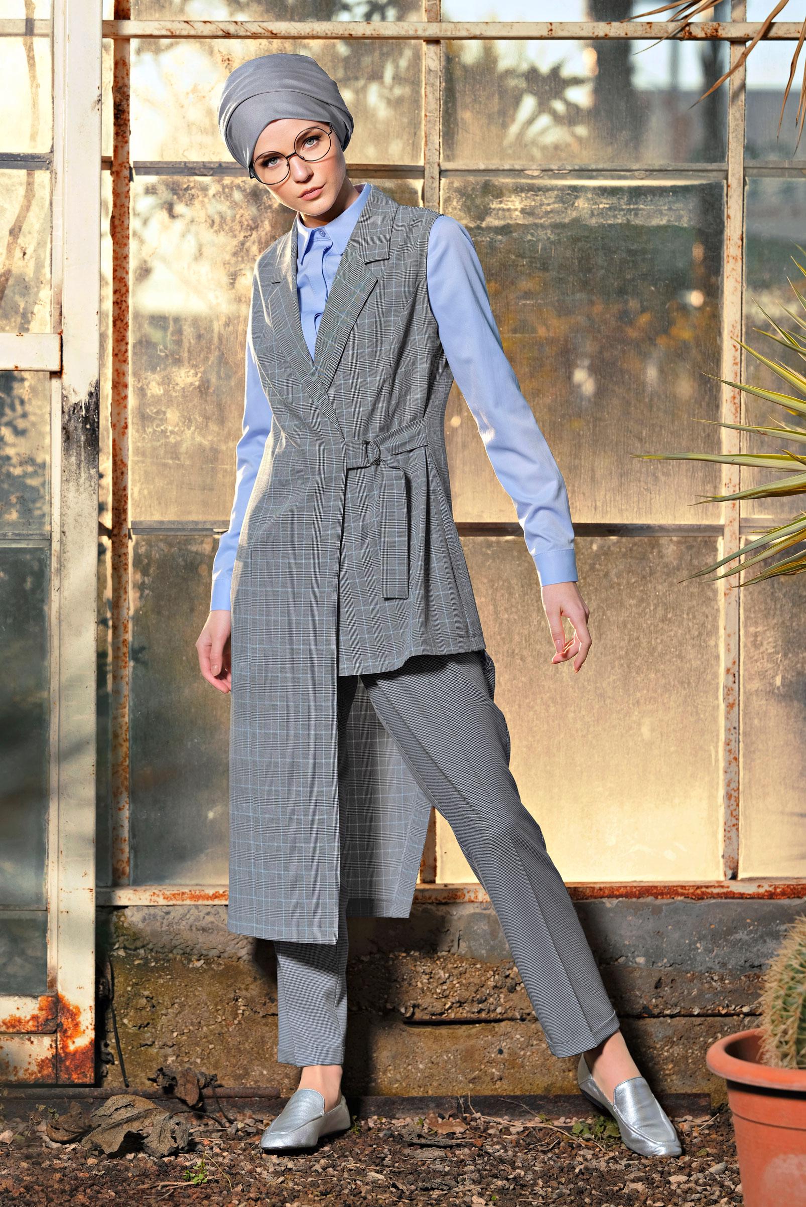 Tesettür giyim SİYAH EKOSE DESENLİ ASİMETRİK YELEK 4092