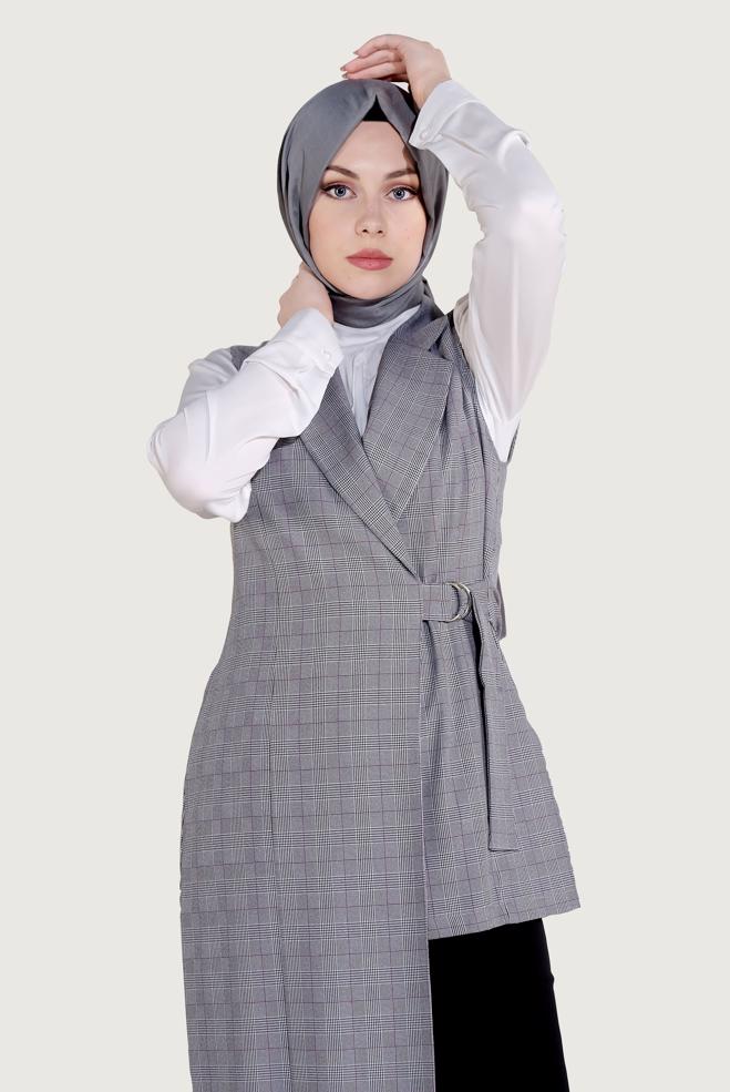 Tesettür giyim SİYAH EKOSE DESENLİ ASİMETRİK YELEK 4092 - ALVİNA