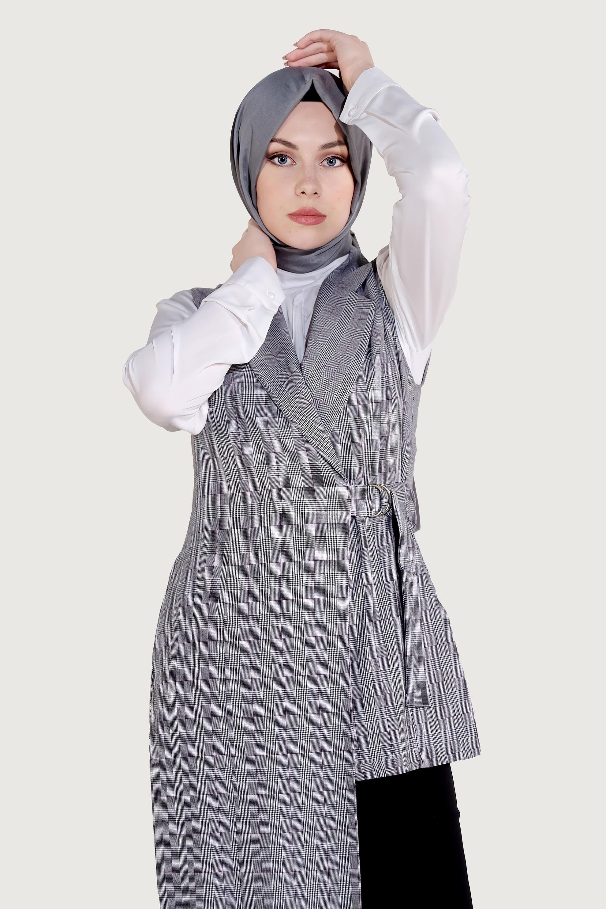 Tesettür giyim SİYAH EKOSE DESENLİ ASİMETRİK YELEK 4092