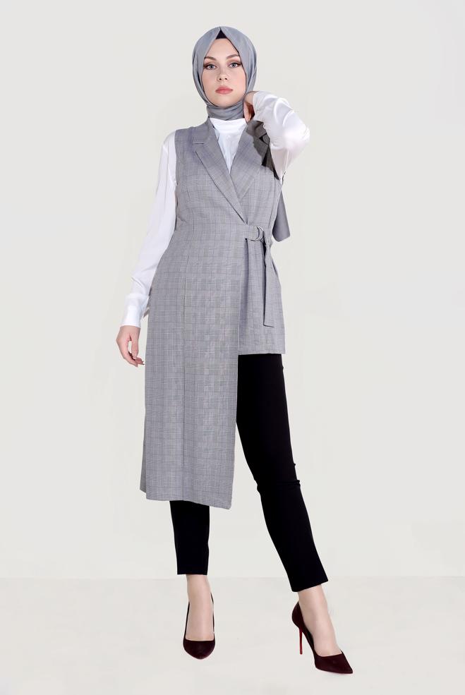 Tesettür giyim SİYAH EKOSE DESENLİ ASİMETRİK YELEK 4092 - ALVİNA