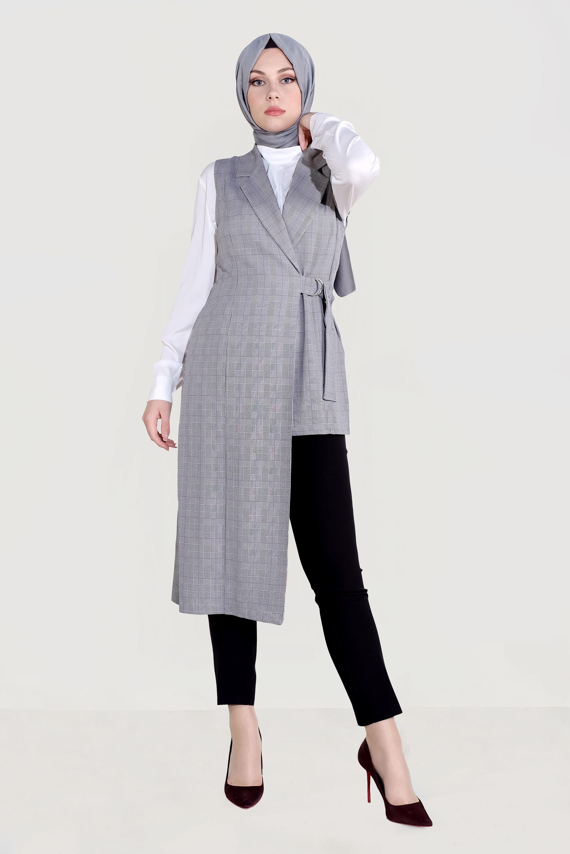 Tesettür giyim SİYAH EKOSE DESENLİ ASİMETRİK YELEK 4092