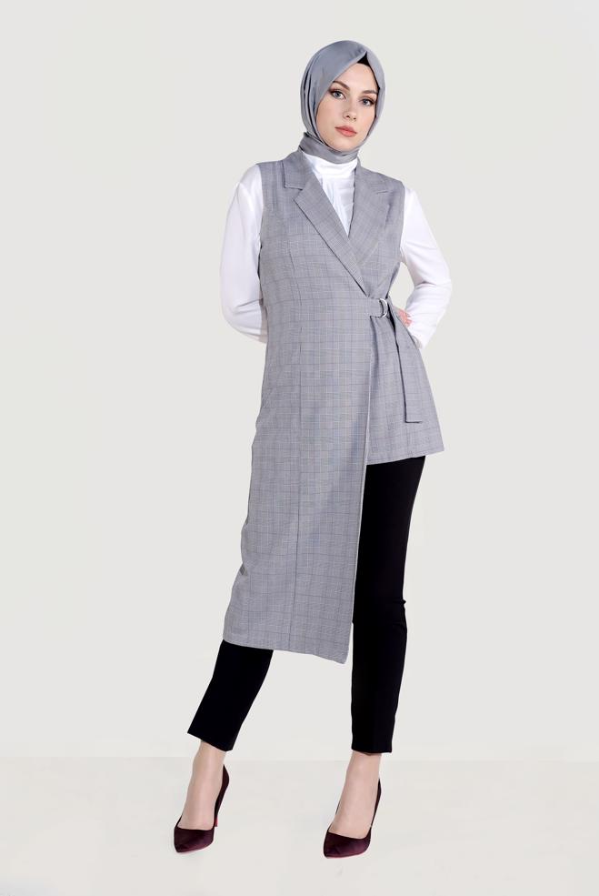 Tesettür giyim SİYAH EKOSE DESENLİ ASİMETRİK YELEK 4092 - ALVİNA