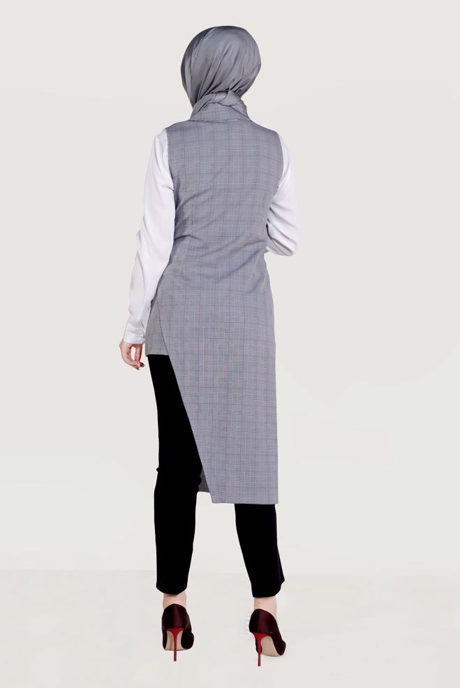 Tesettür giyim SİYAH EKOSE DESENLİ ASİMETRİK YELEK 4092 - ALVİNA