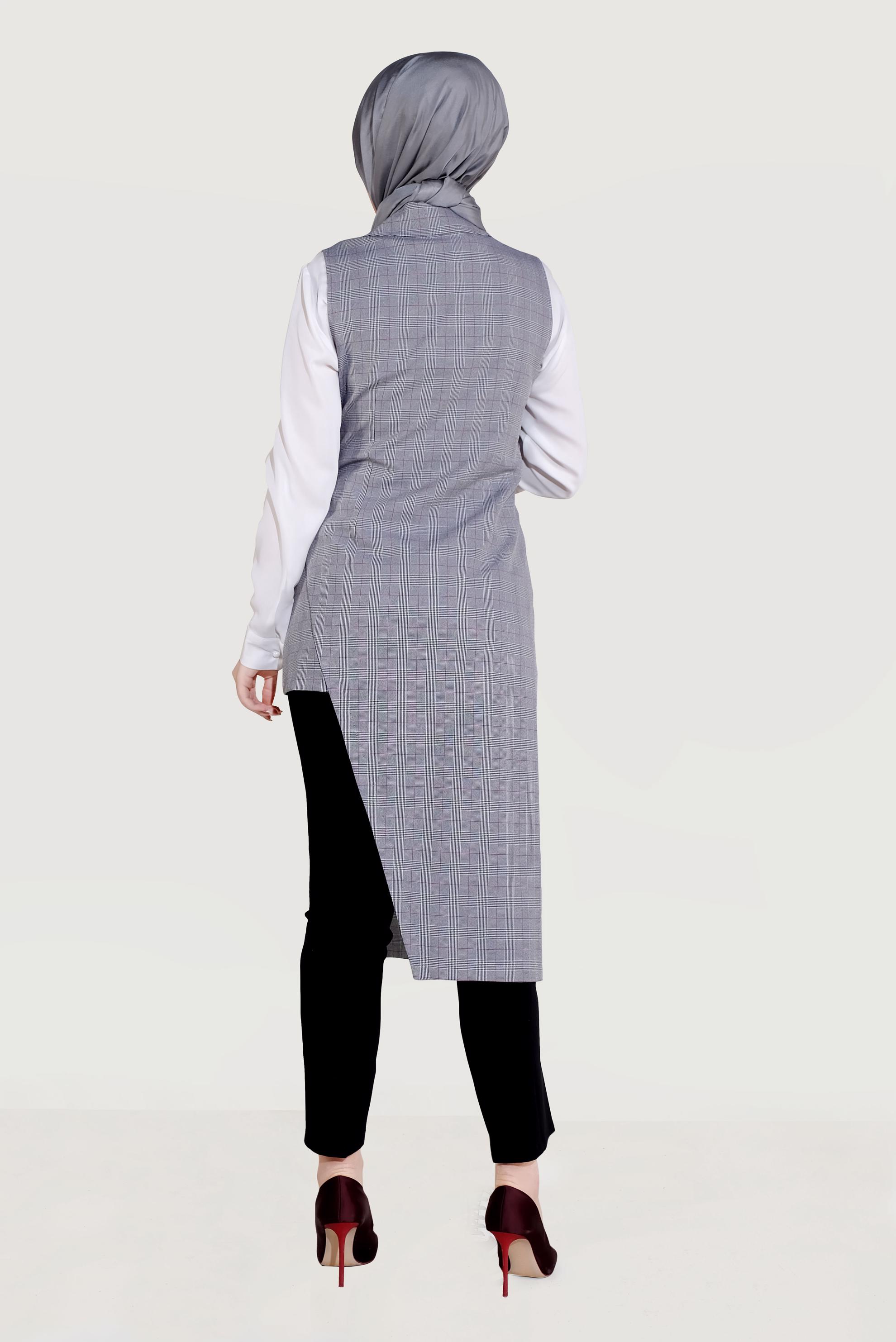 Tesettür giyim SİYAH EKOSE DESENLİ ASİMETRİK YELEK 4092