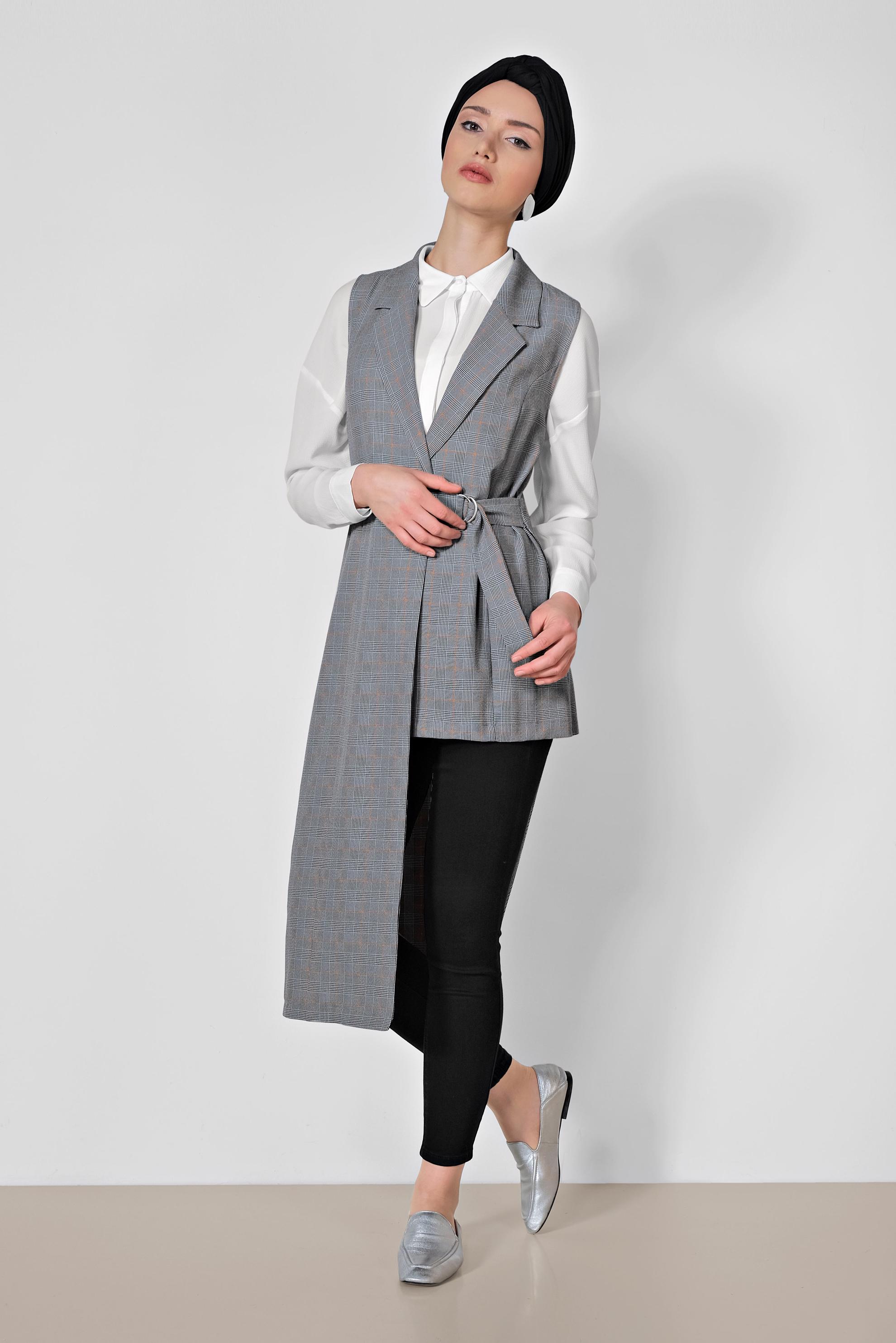 Tesettür giyim SİYAH EKOSE DESENLİ ASİMETRİK YELEK 4092