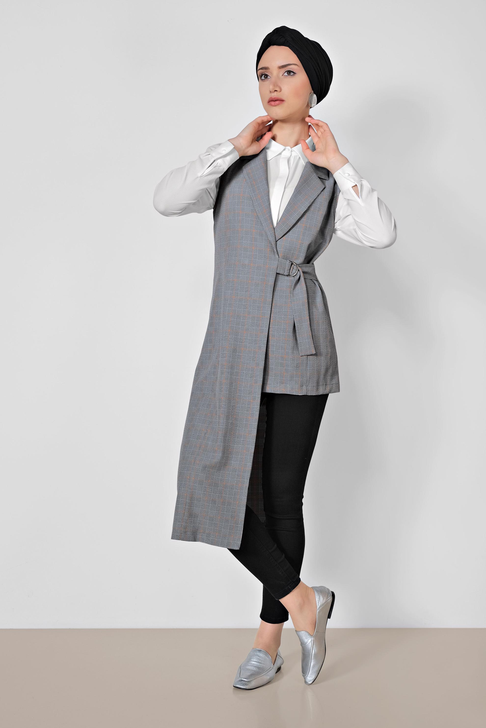 Tesettür giyim SİYAH EKOSE DESENLİ ASİMETRİK YELEK 4092