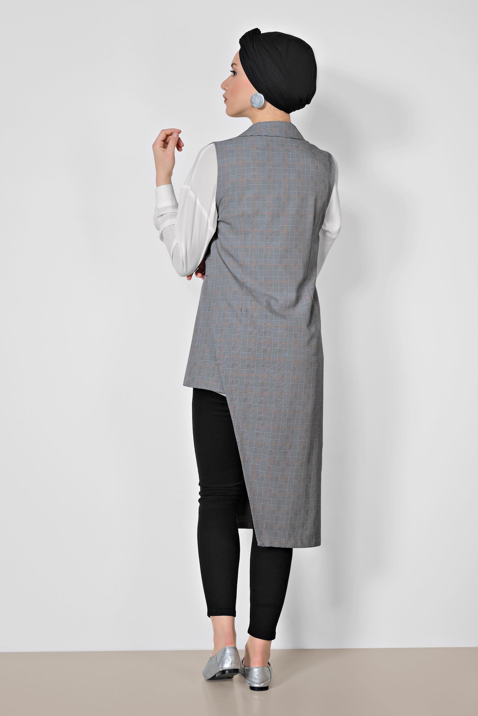 Tesettür giyim SİYAH EKOSE DESENLİ ASİMETRİK YELEK 4092