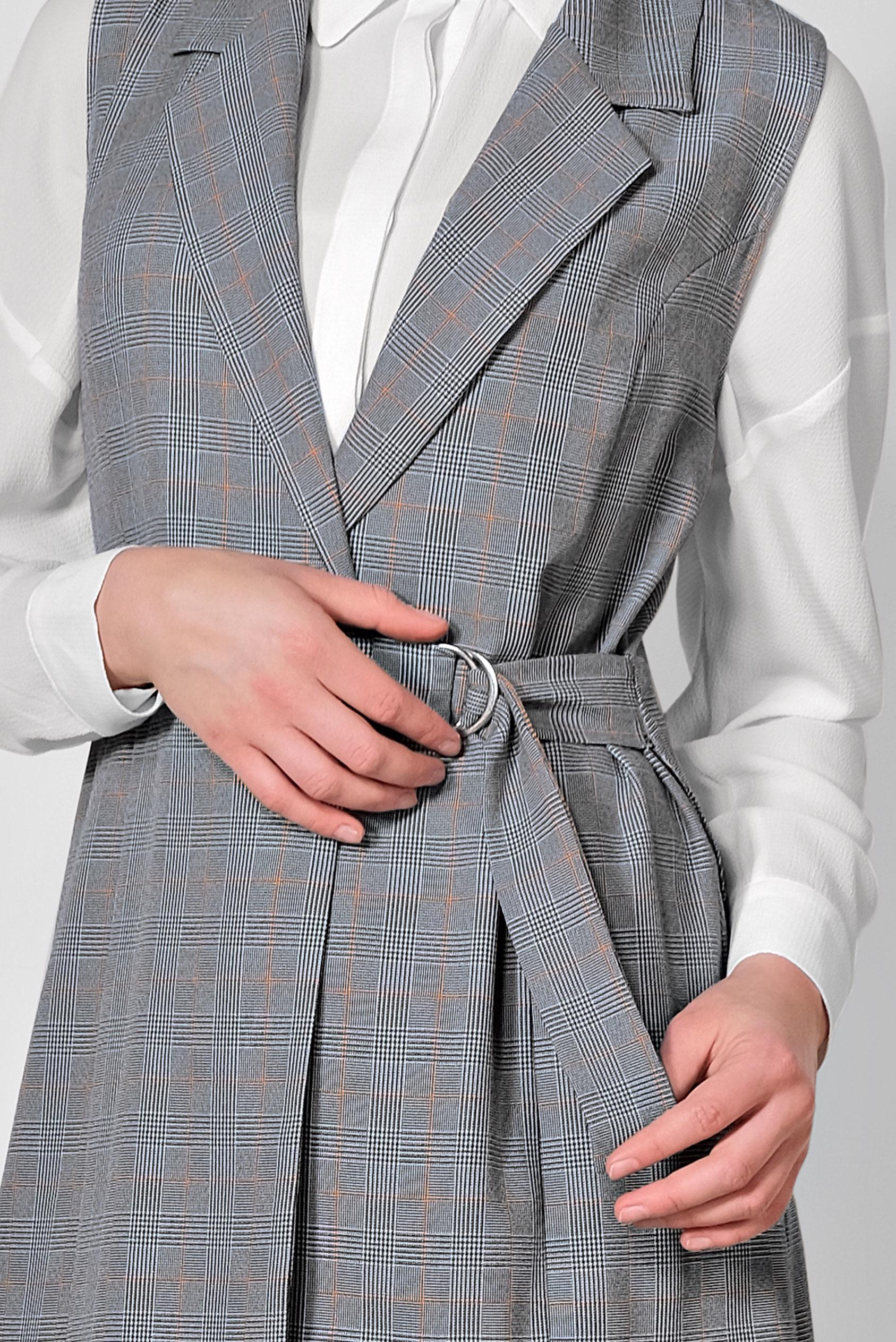 Tesettür giyim SİYAH EKOSE DESENLİ ASİMETRİK YELEK 4092