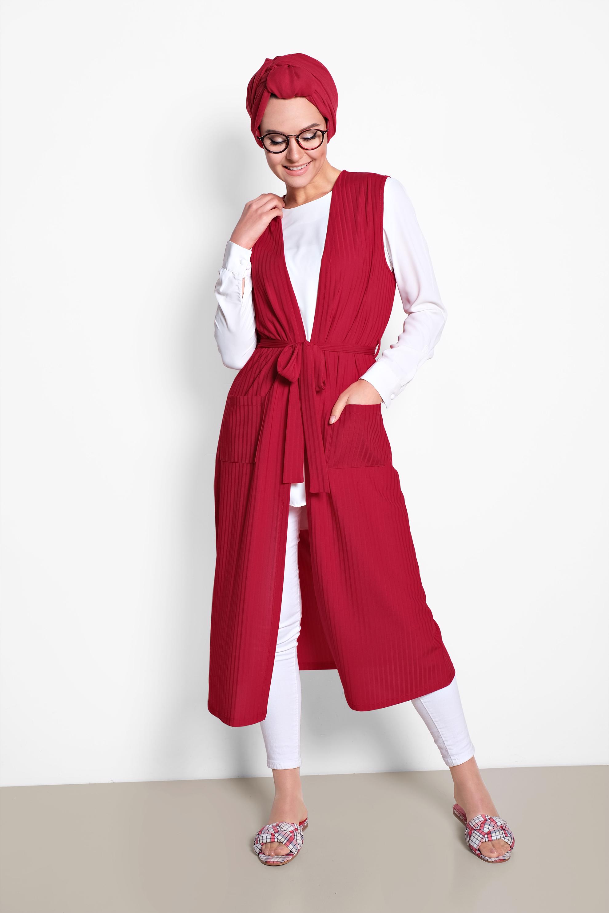 Tesettür giyim KIRMIZI KUŞAKLI YELEK 4182	