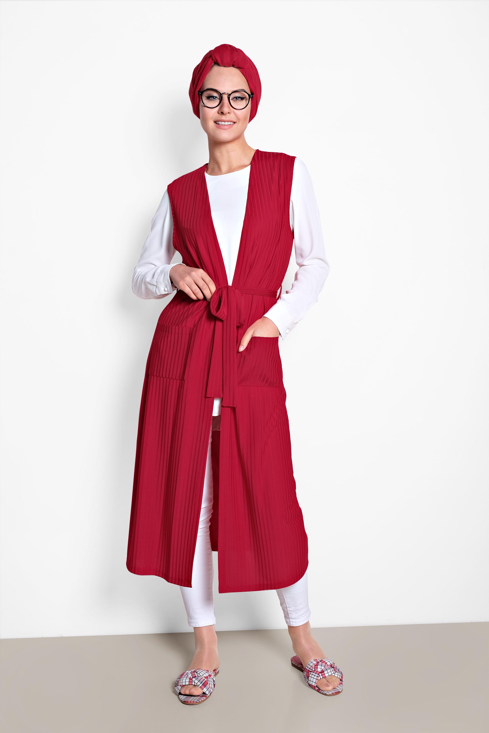 Tesettür giyim KIRMIZI KUŞAKLI YELEK 4182	