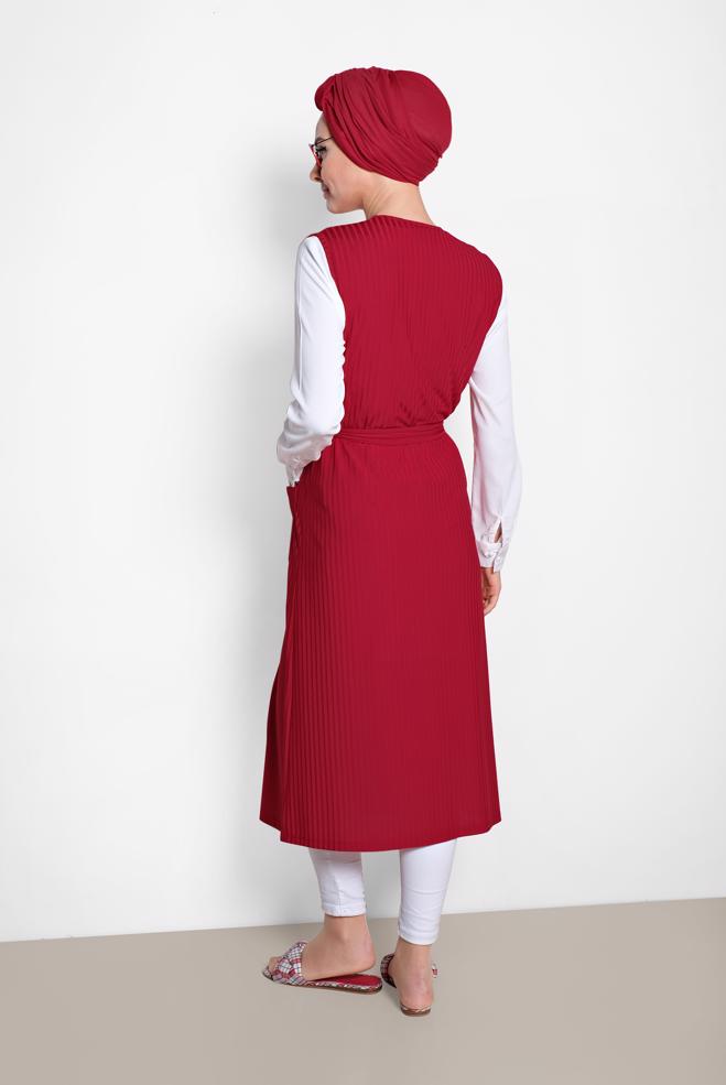 Tesettür giyim KIRMIZI KUŞAKLI YELEK 4182	 - ALVİNA