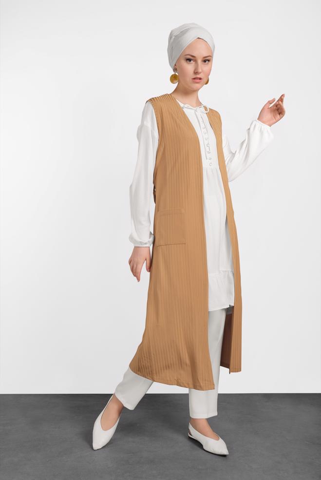 Tesettür giyim SARI KUŞAKLI YELEK 4182	 - ALVİNA