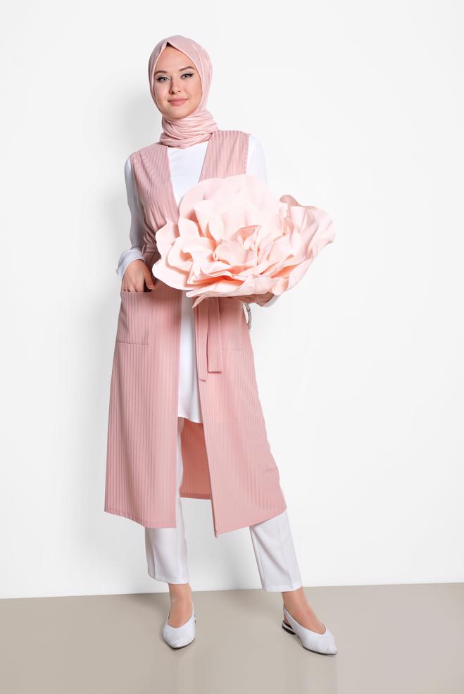 Tesettür giyim PUDRA KUŞAKLI YELEK 4182	 - ALVİNA