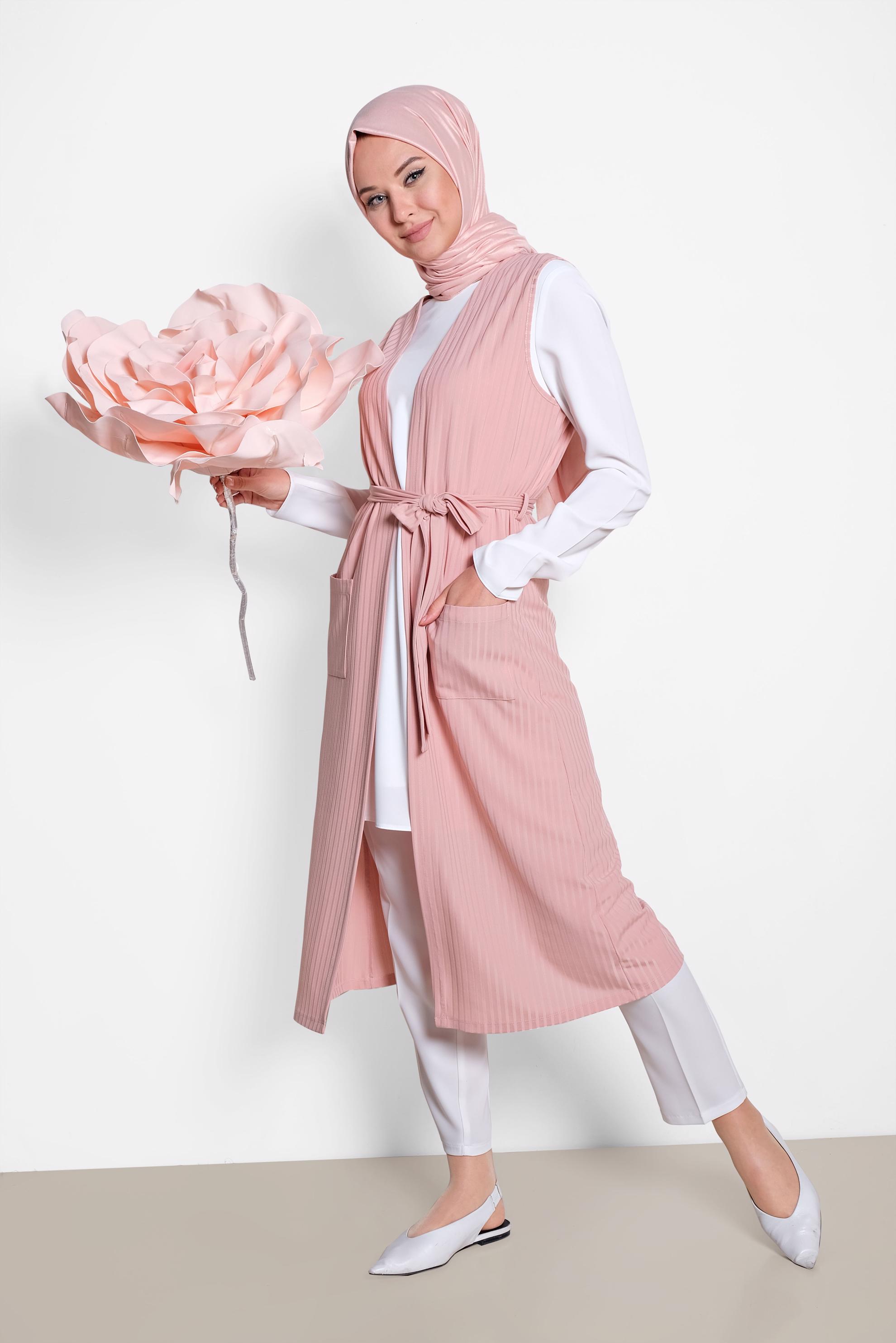 Tesettür giyim PUDRA KUŞAKLI YELEK 4182	