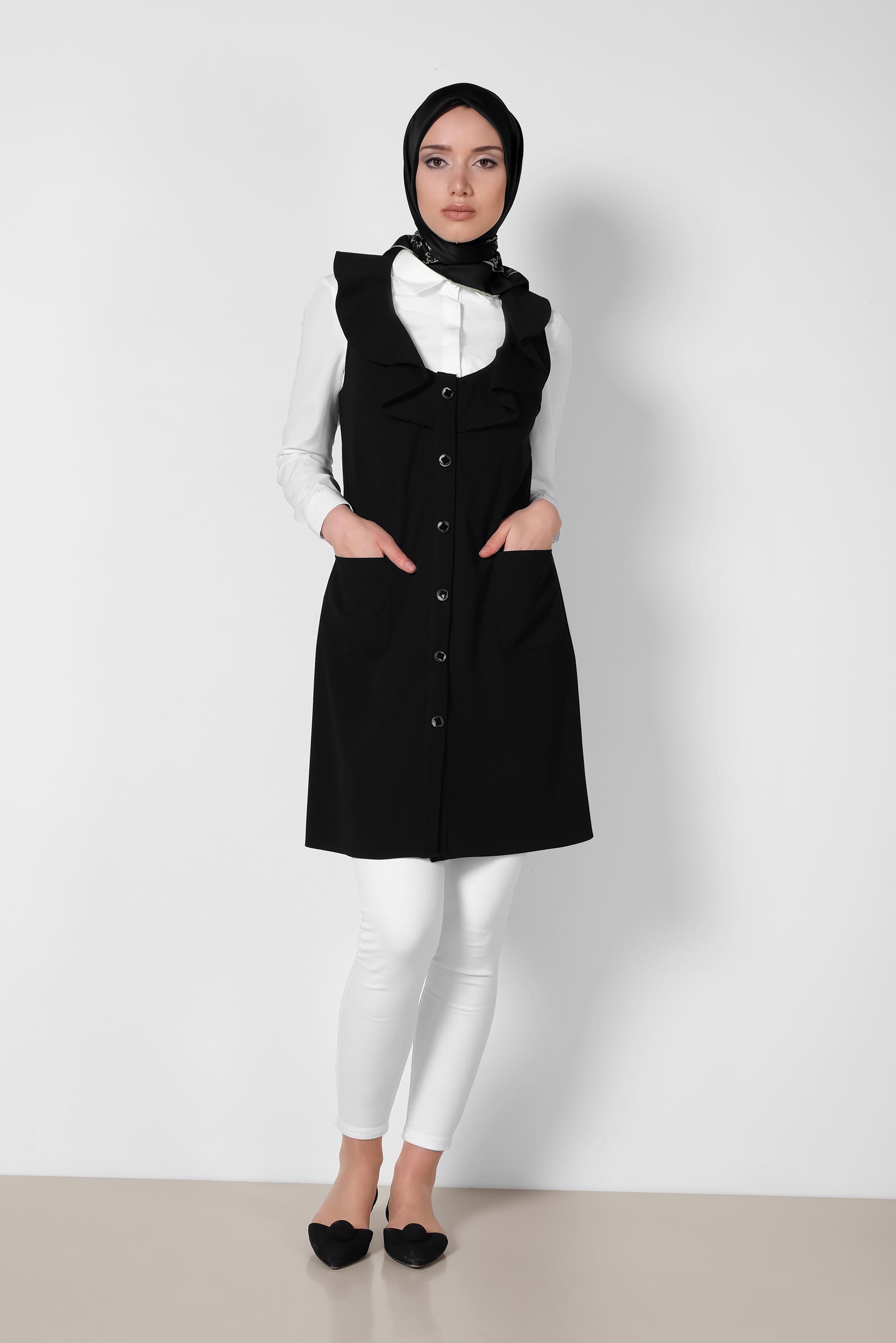 Tesettür giyim SİYAH YAKASI FIRFIRLI ÖNDEN DÜĞMELİ YELEK 4184