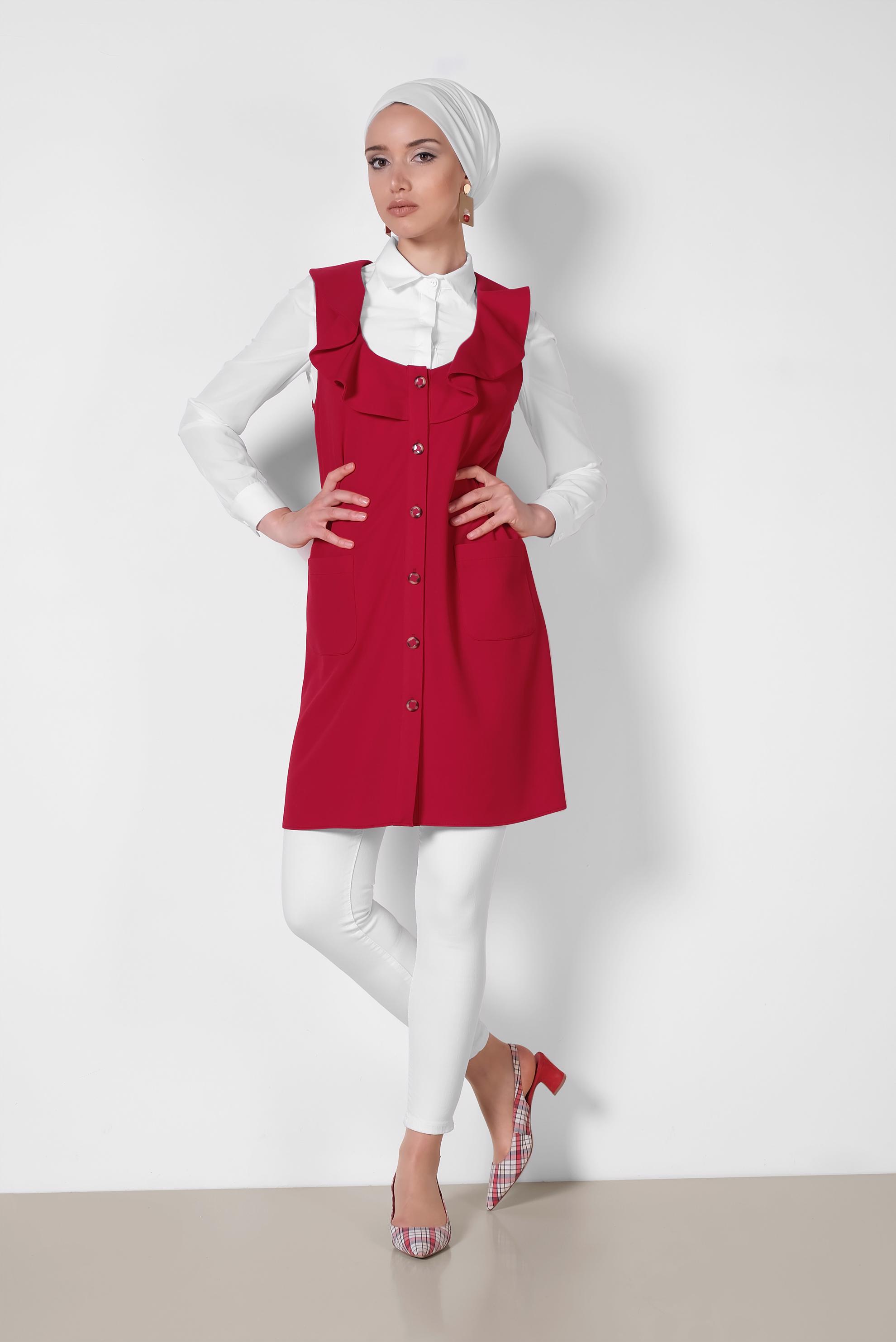 Tesettür giyim KIRMIZI YAKASI FIRFIRLI ÖNDEN DÜĞMELİ YELEK 4184