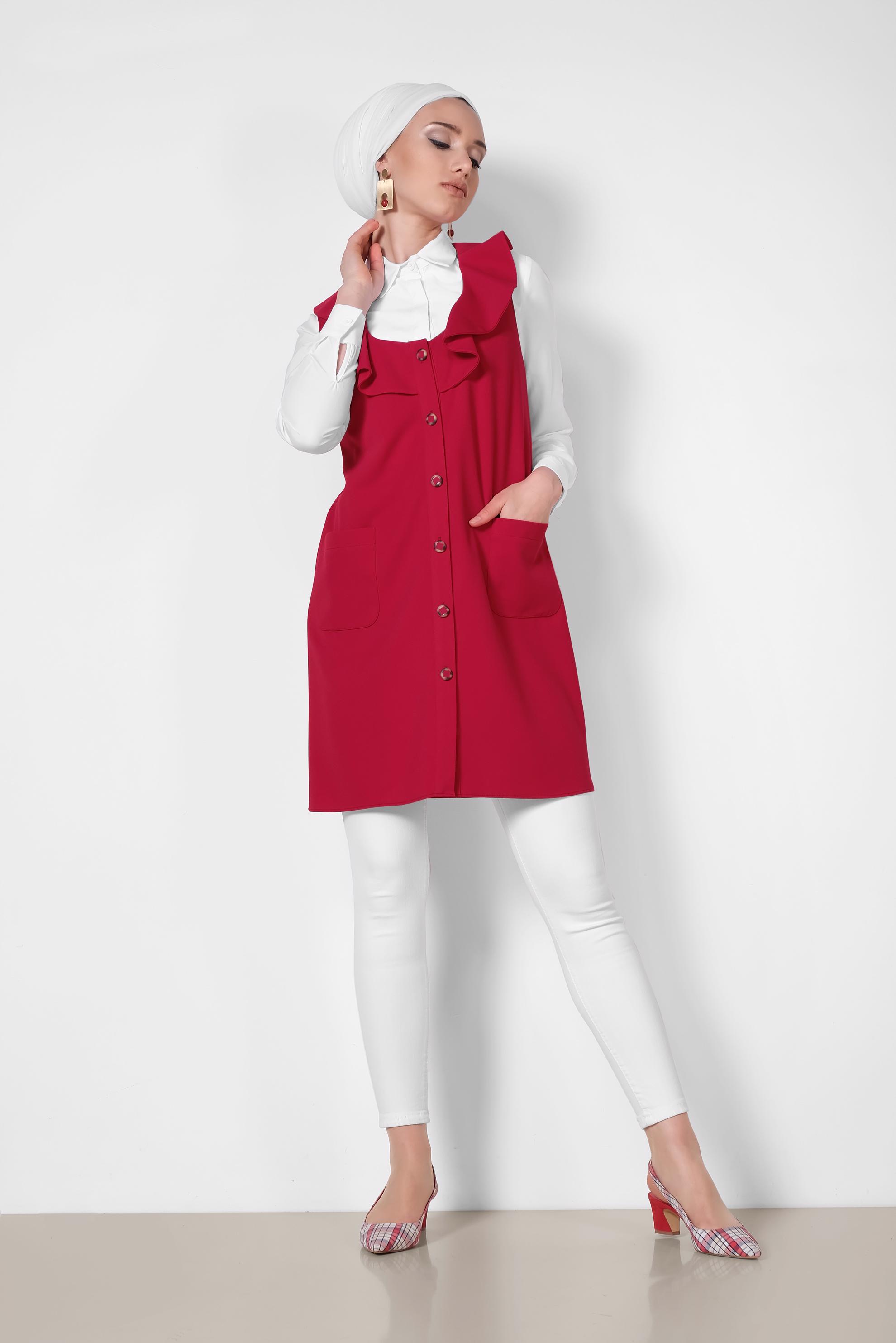 Tesettür giyim KIRMIZI YAKASI FIRFIRLI ÖNDEN DÜĞMELİ YELEK 4184