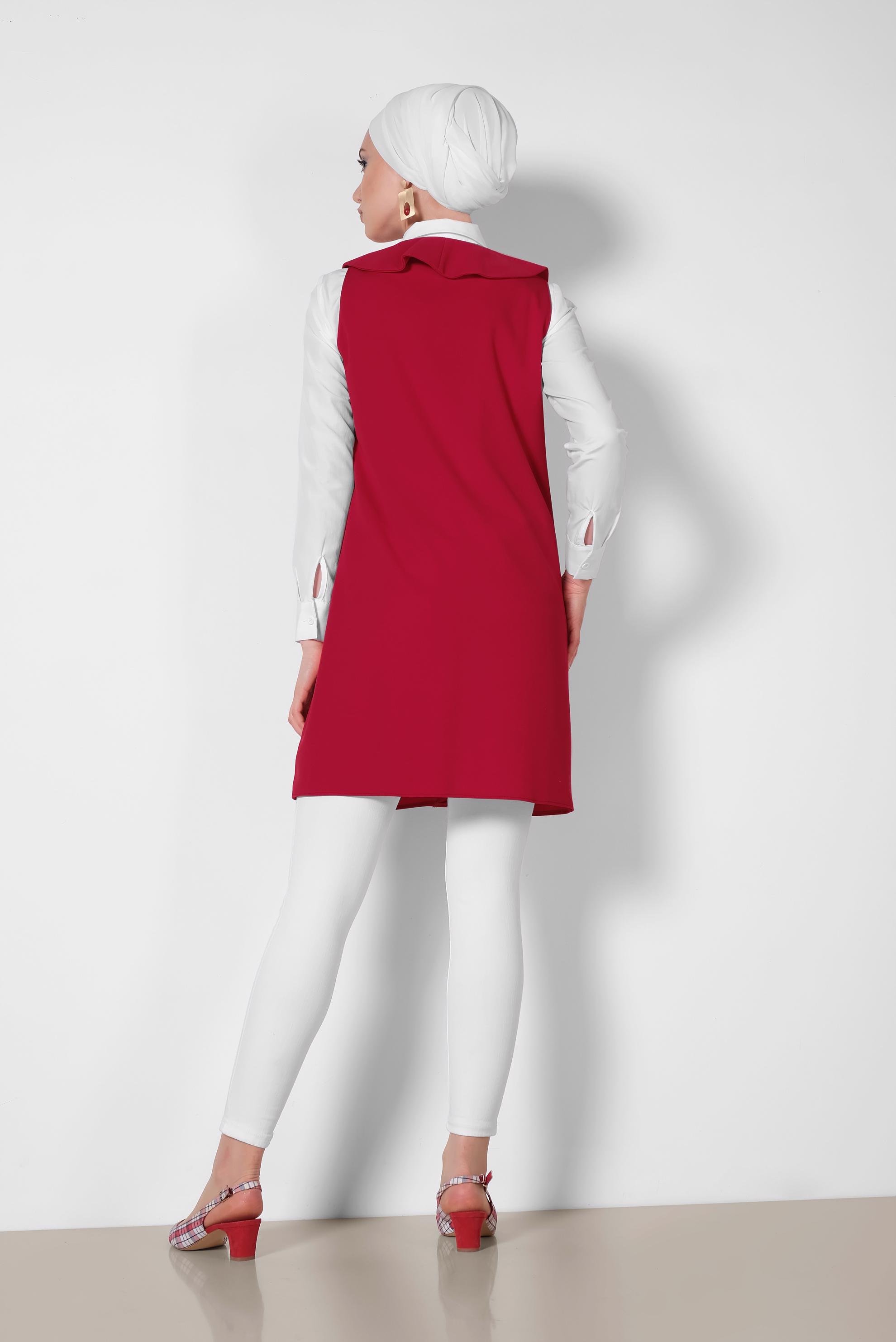 Tesettür giyim KIRMIZI YAKASI FIRFIRLI ÖNDEN DÜĞMELİ YELEK 4184