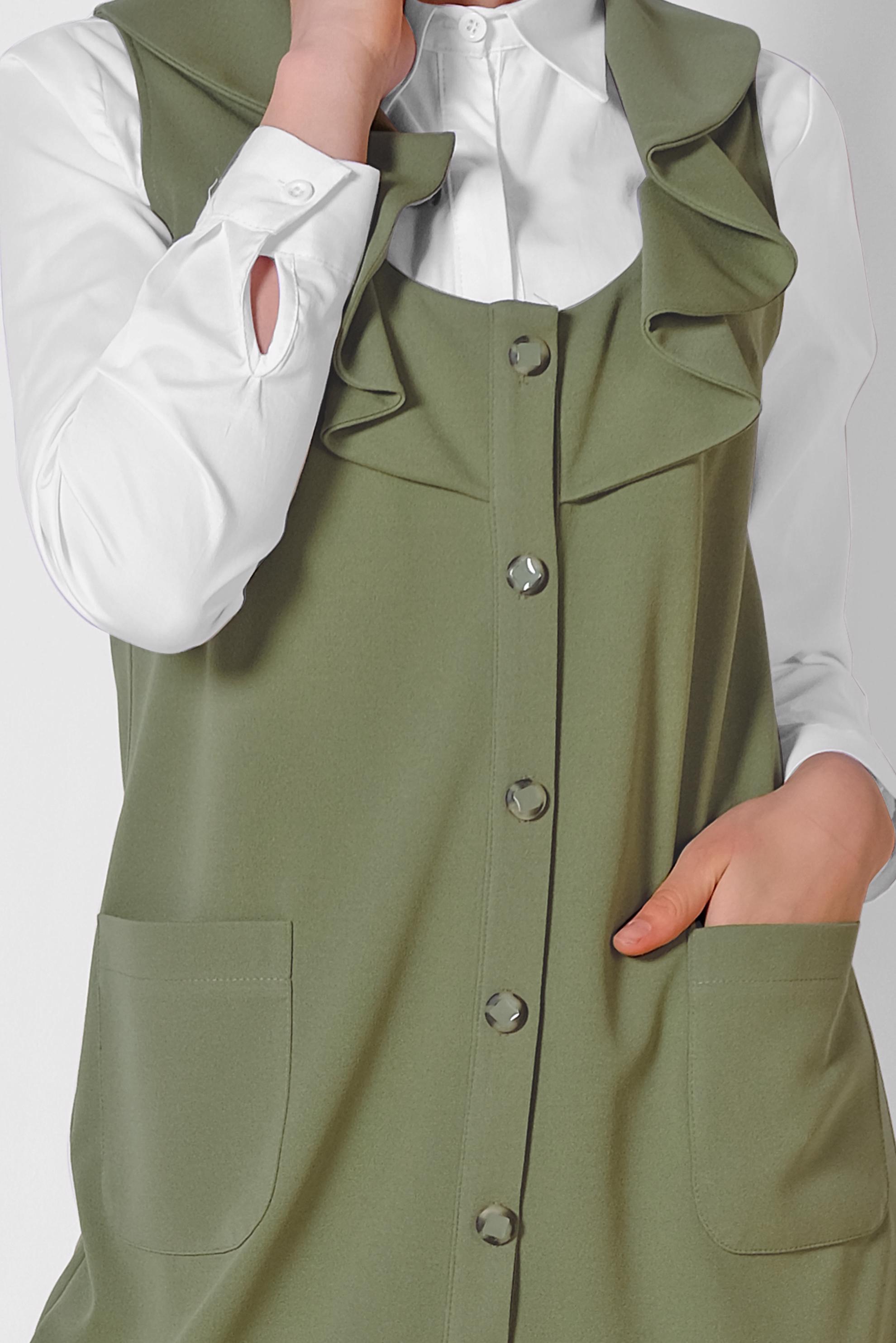 Tesettür giyim HAKİ YAKASI FIRFIRLI ÖNDEN DÜĞMELİ YELEK 4184