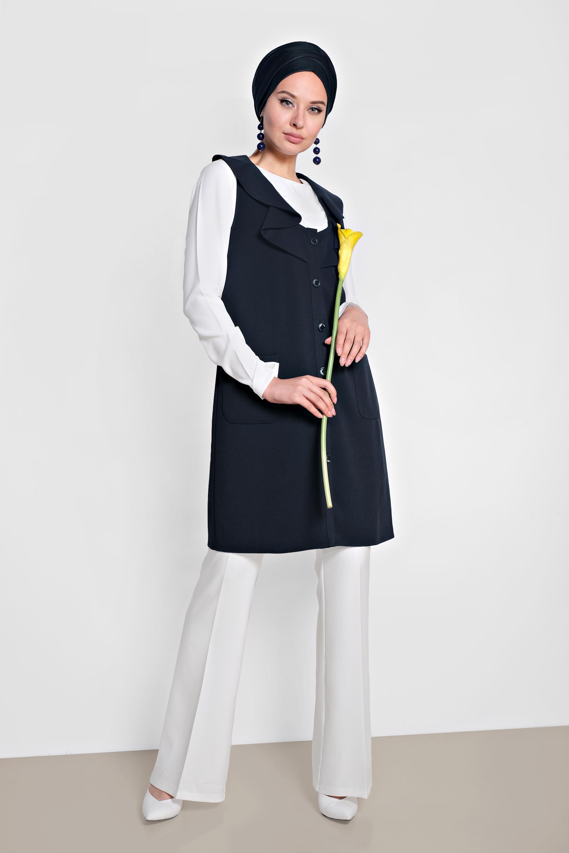 Hijab clothing NAVY BLUE RUFFLED BUTTONED VEST 4184 