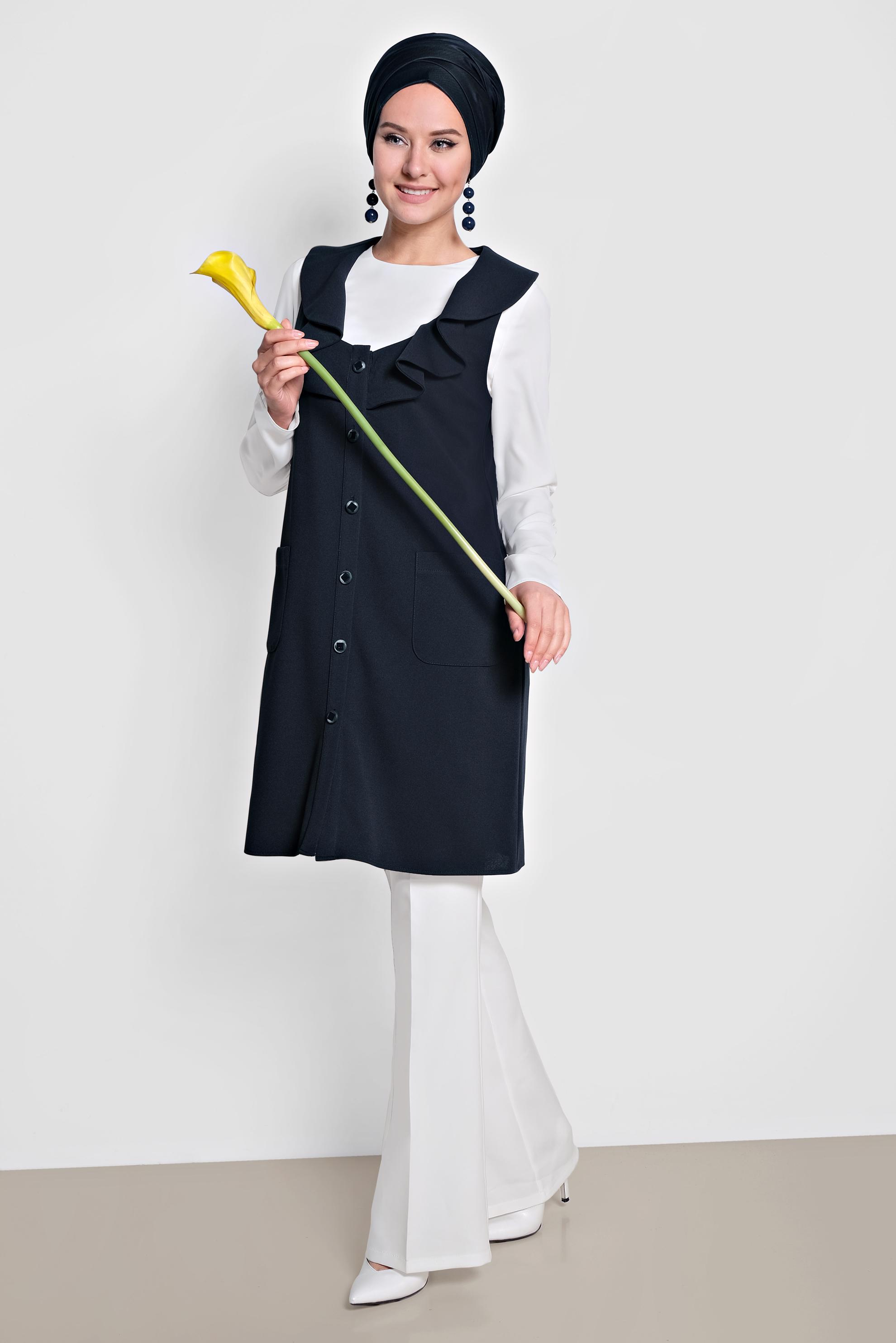 Hijab clothing NAVY BLUE RUFFLED BUTTONED VEST 4184 