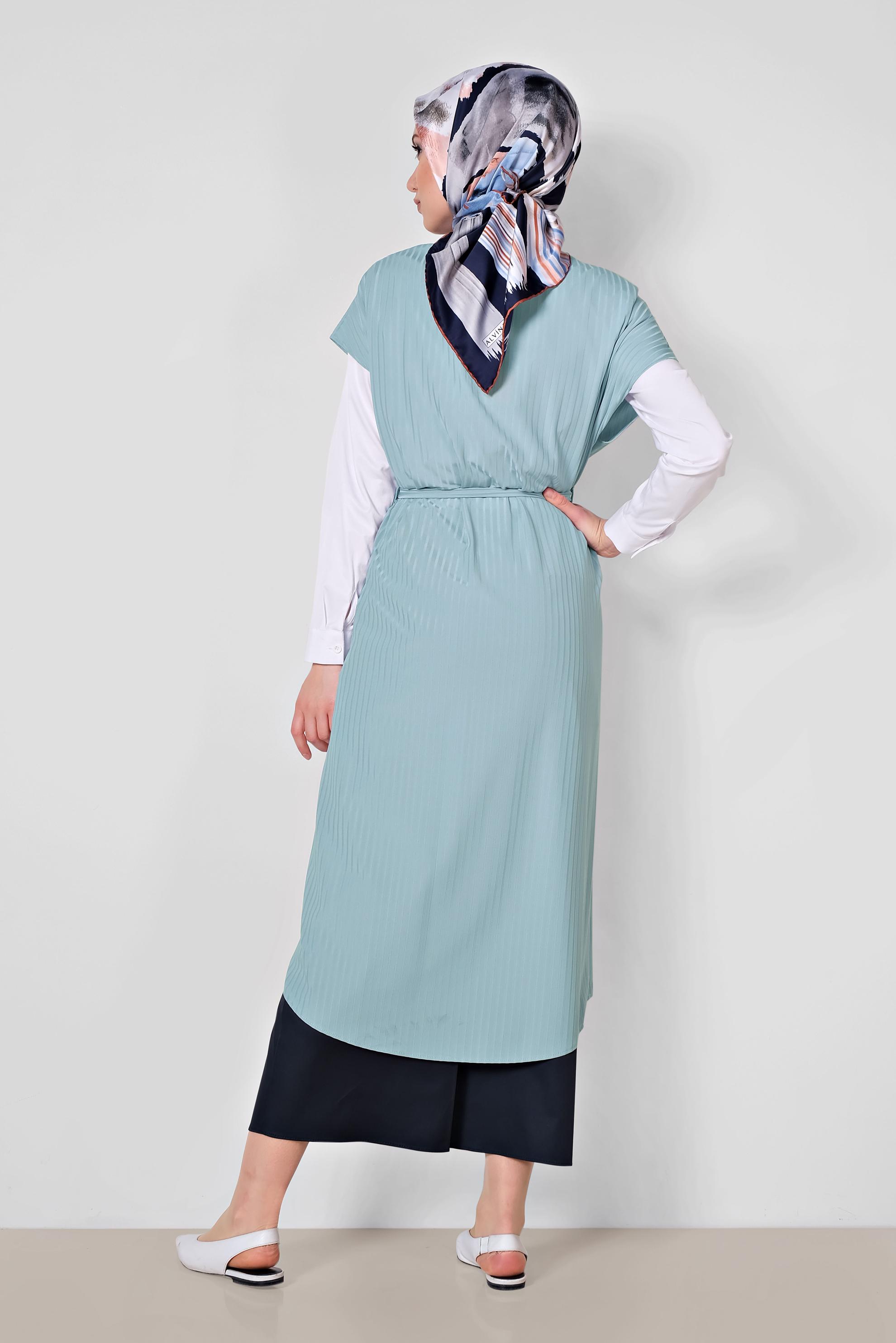Tesettür giyim MAVİ BELİ KUŞAKLI YELEK 4241