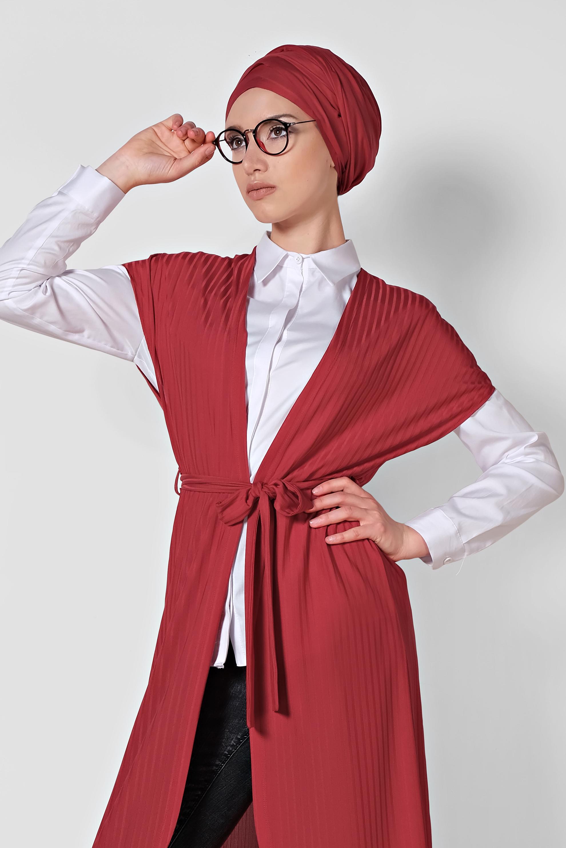 Tesettür giyim KIRMIZI BELİ KUŞAKLI YELEK 4241