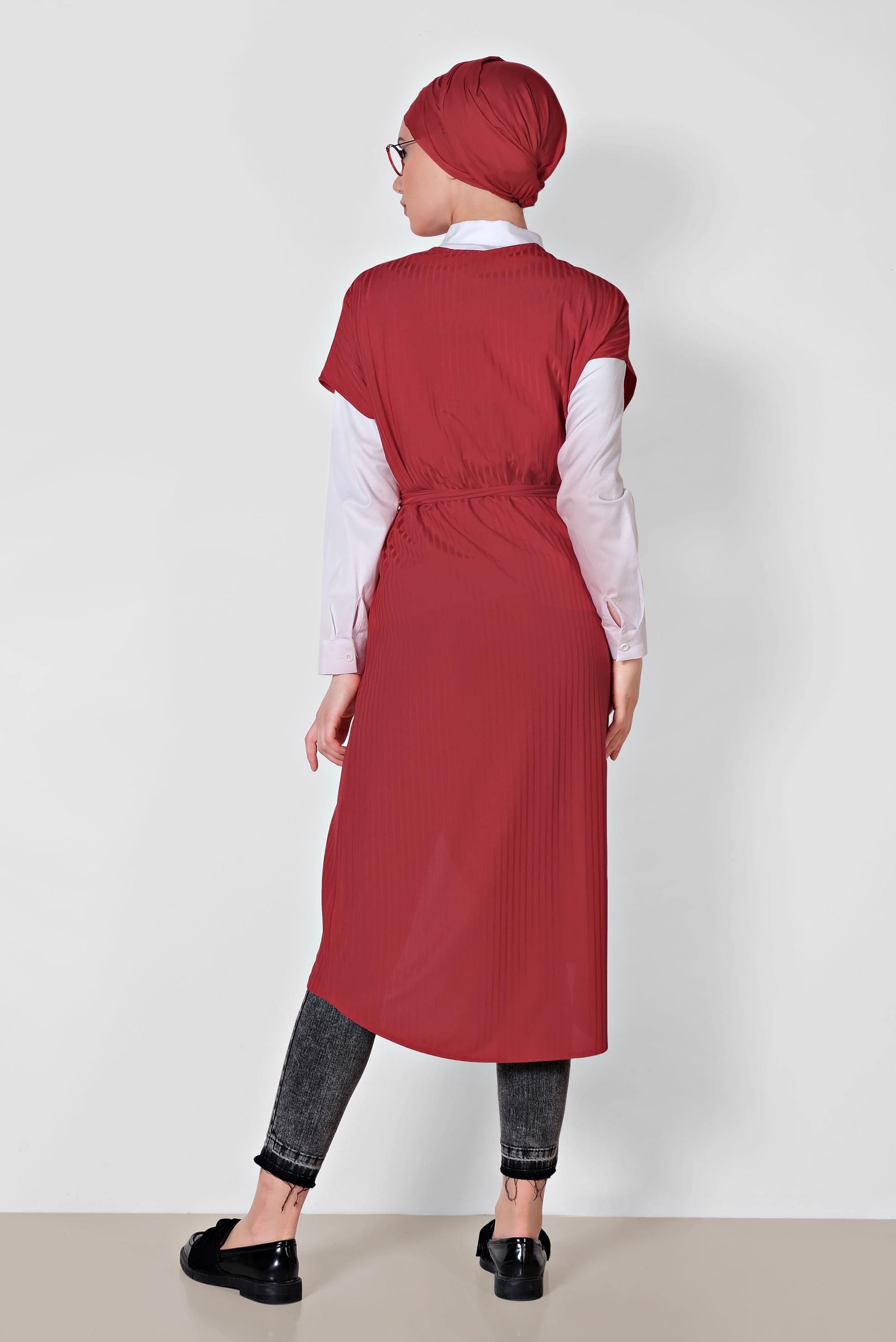Tesettür giyim KIRMIZI BELİ KUŞAKLI YELEK 4241