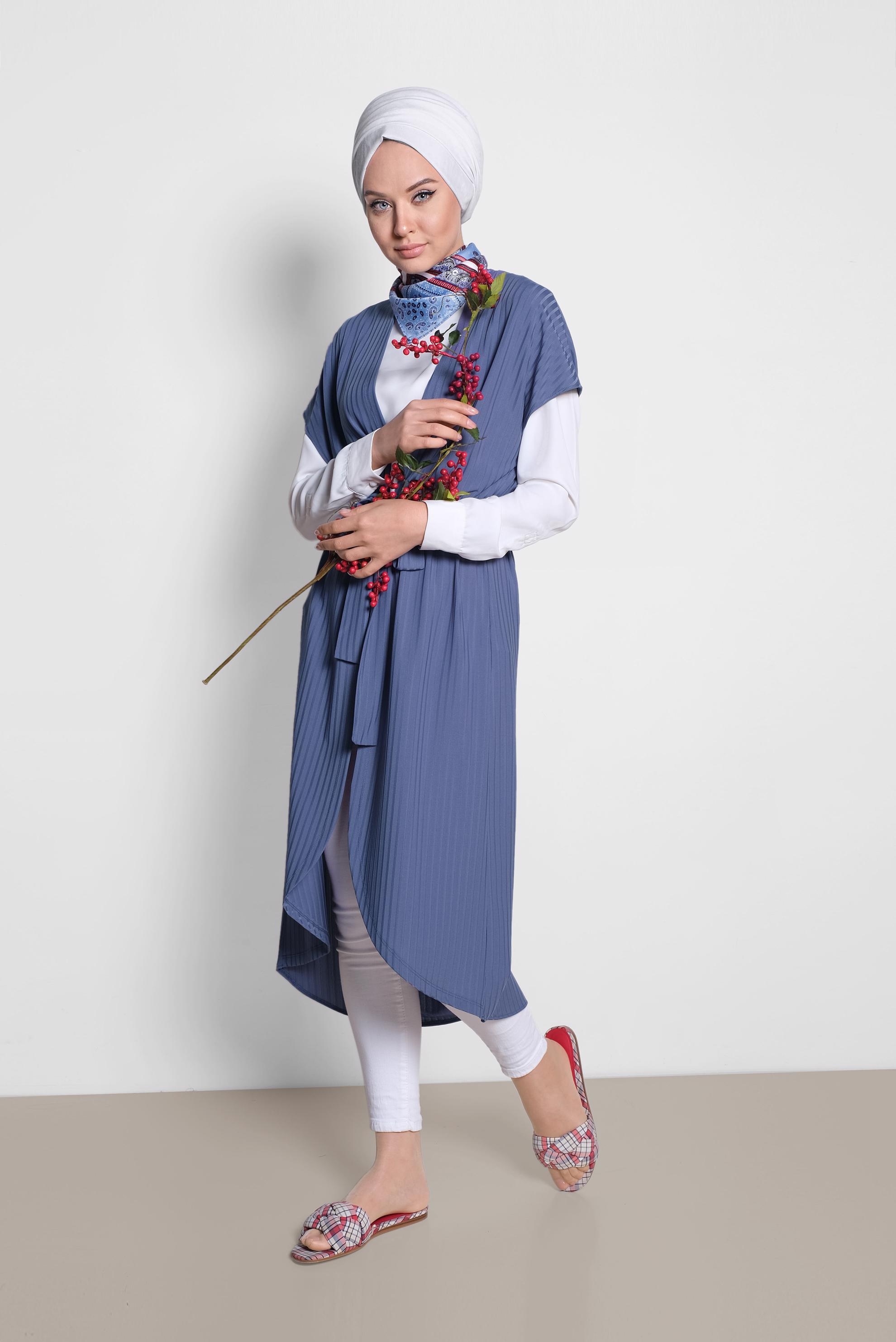 Tesettür giyim LACİVERT BELİ KUŞAKLI YELEK 4241