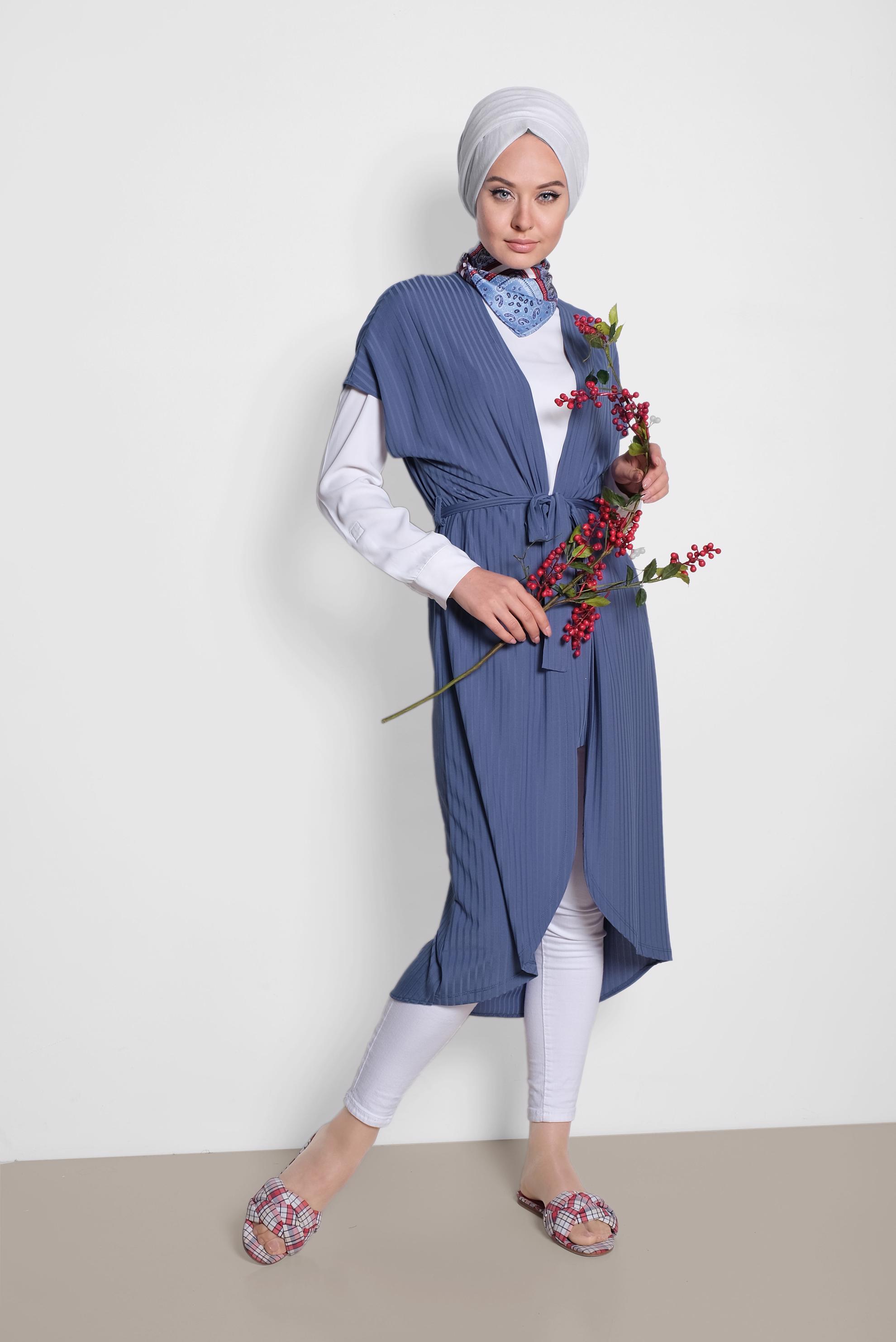 Tesettür giyim LACİVERT BELİ KUŞAKLI YELEK 4241