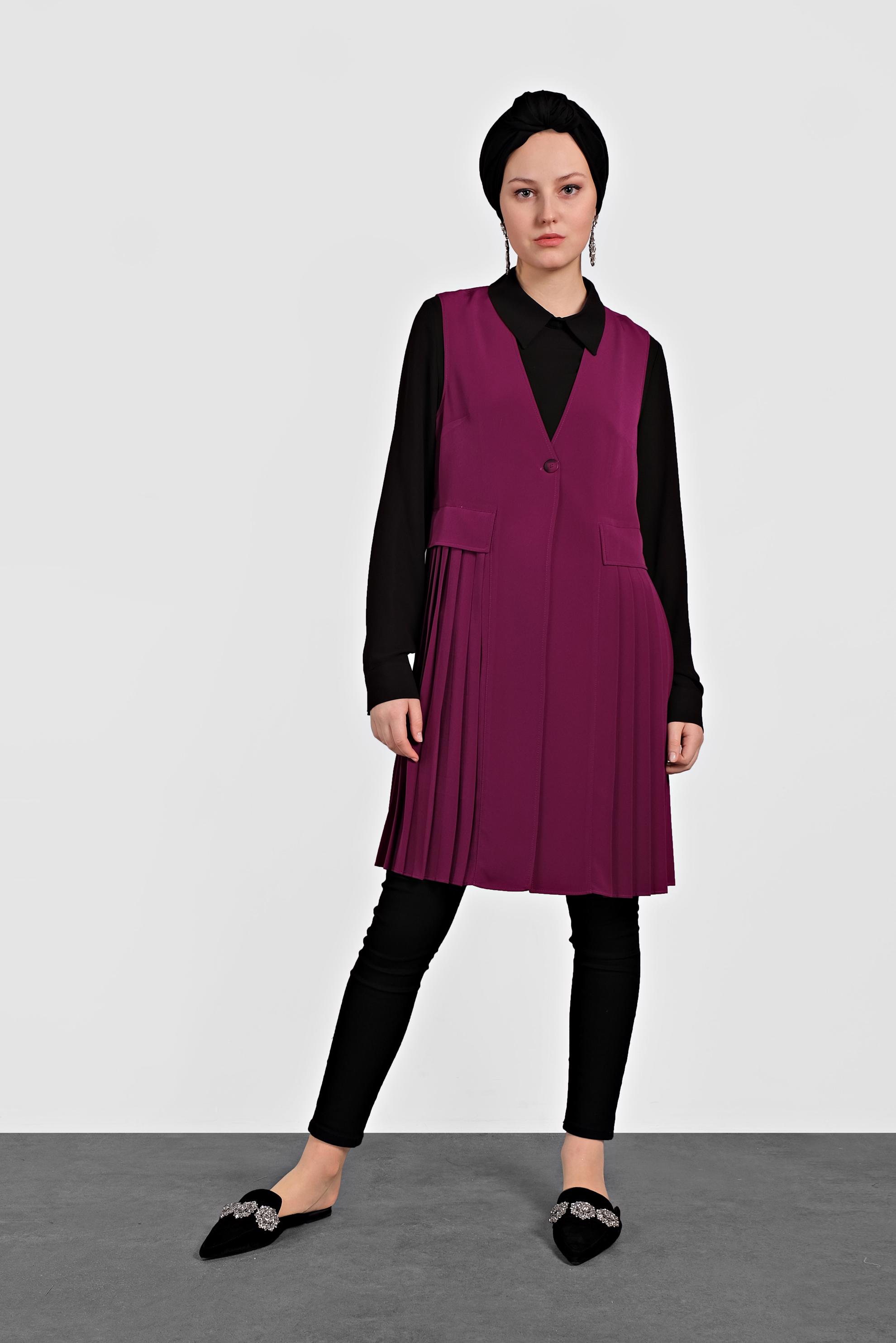 Tesettür giyim MOR PİLİSELİ YELEK 4244