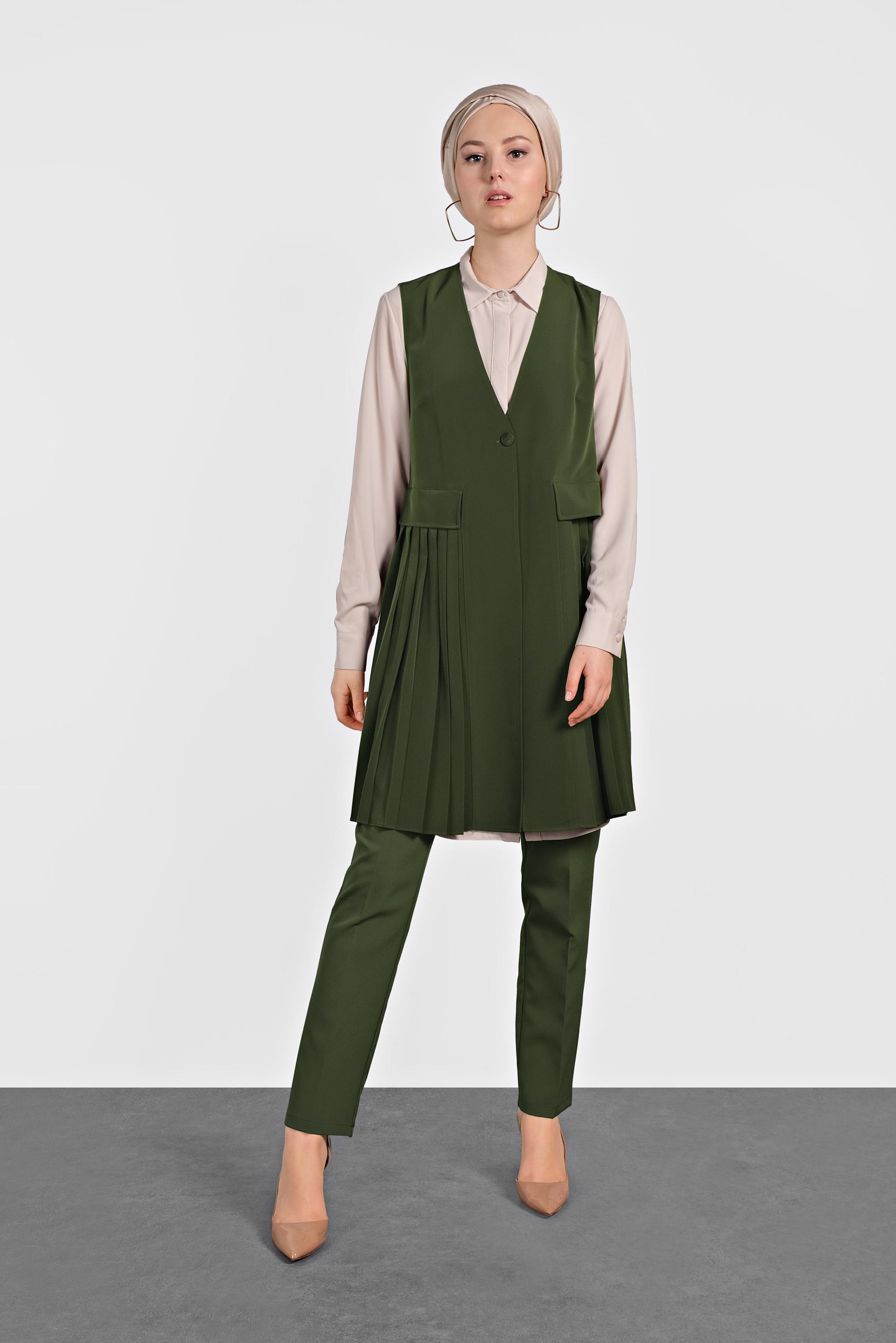 Tesettür giyim HAKİ PİLİSELİ YELEK 4244