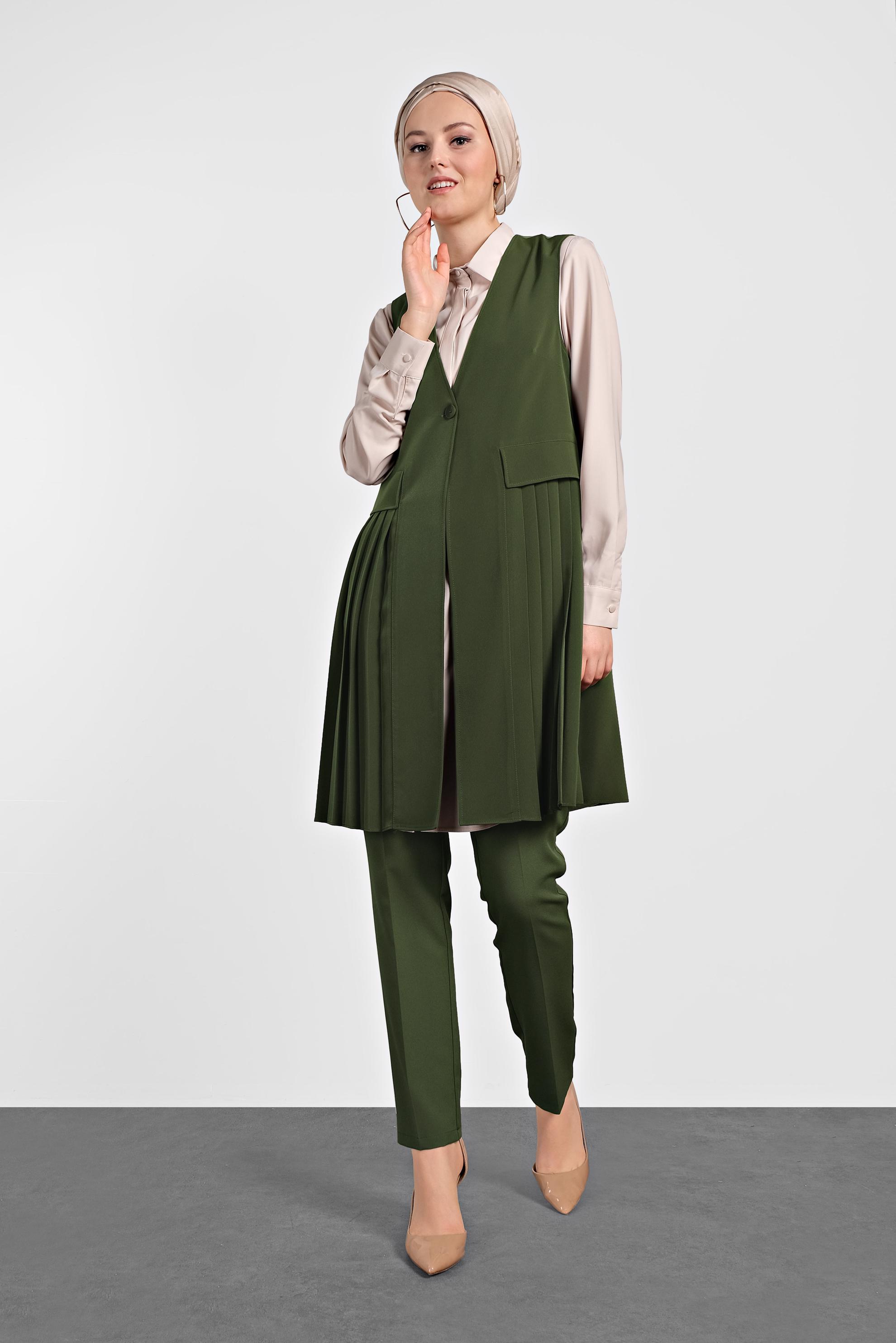 Tesettür giyim HAKİ PİLİSELİ YELEK 4244