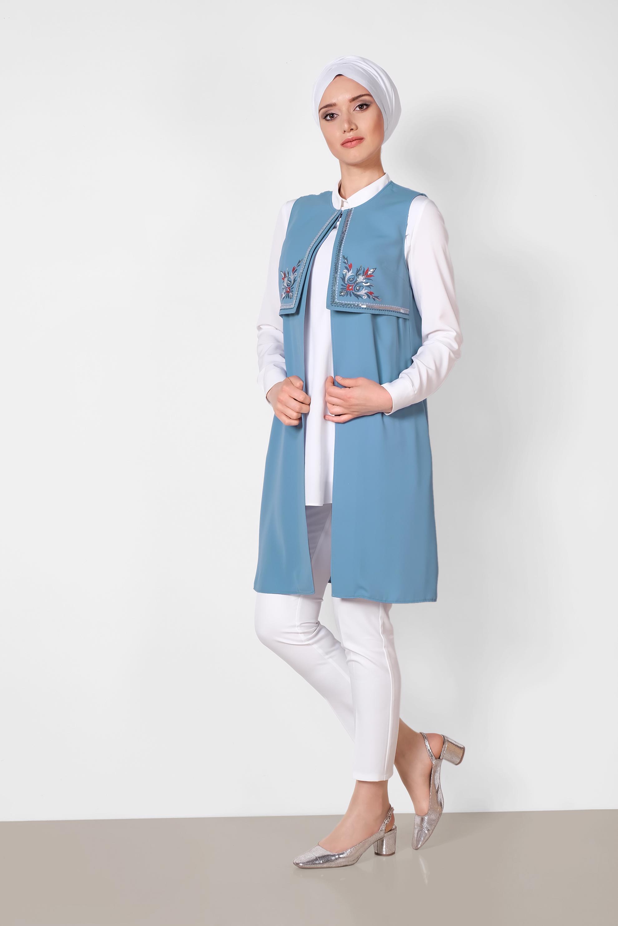 Tesettür giyim MAVİ NAKIŞLI YELEK 4248