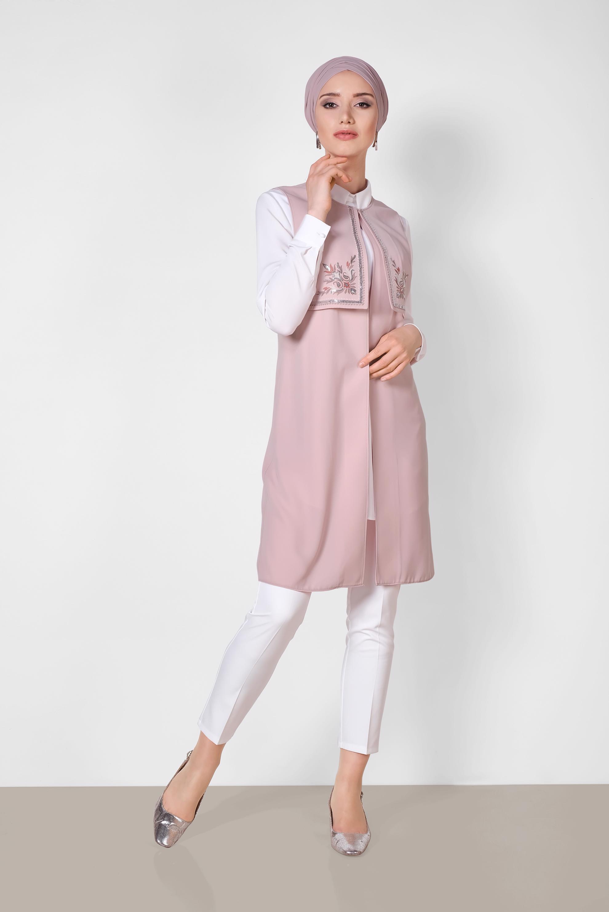 Tesettür giyim PUDRA NAKIŞLI YELEK 4248