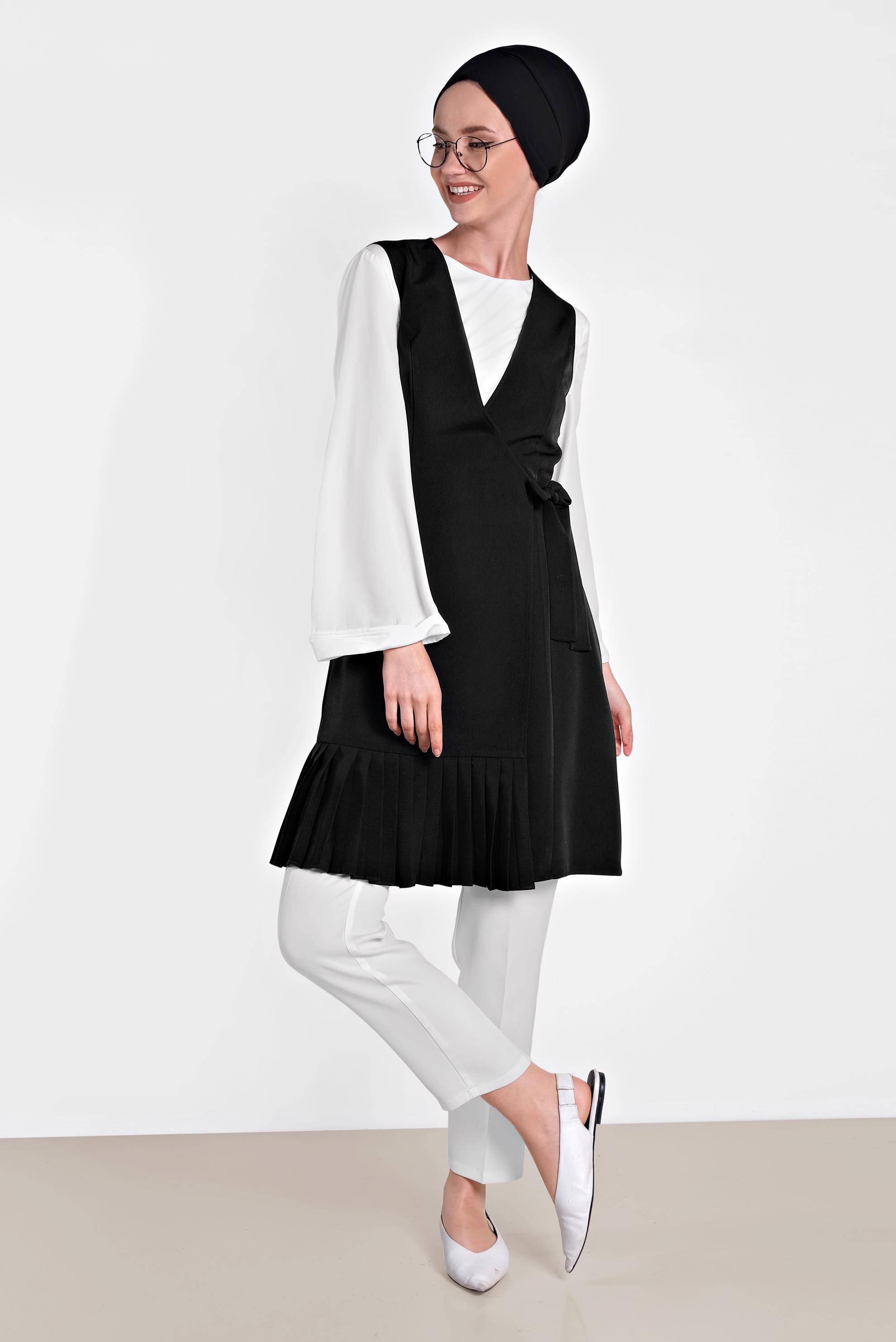 Tesettür giyim SİYAH YANDAN BAĞCIKLI PİLELİ YELEK 4249