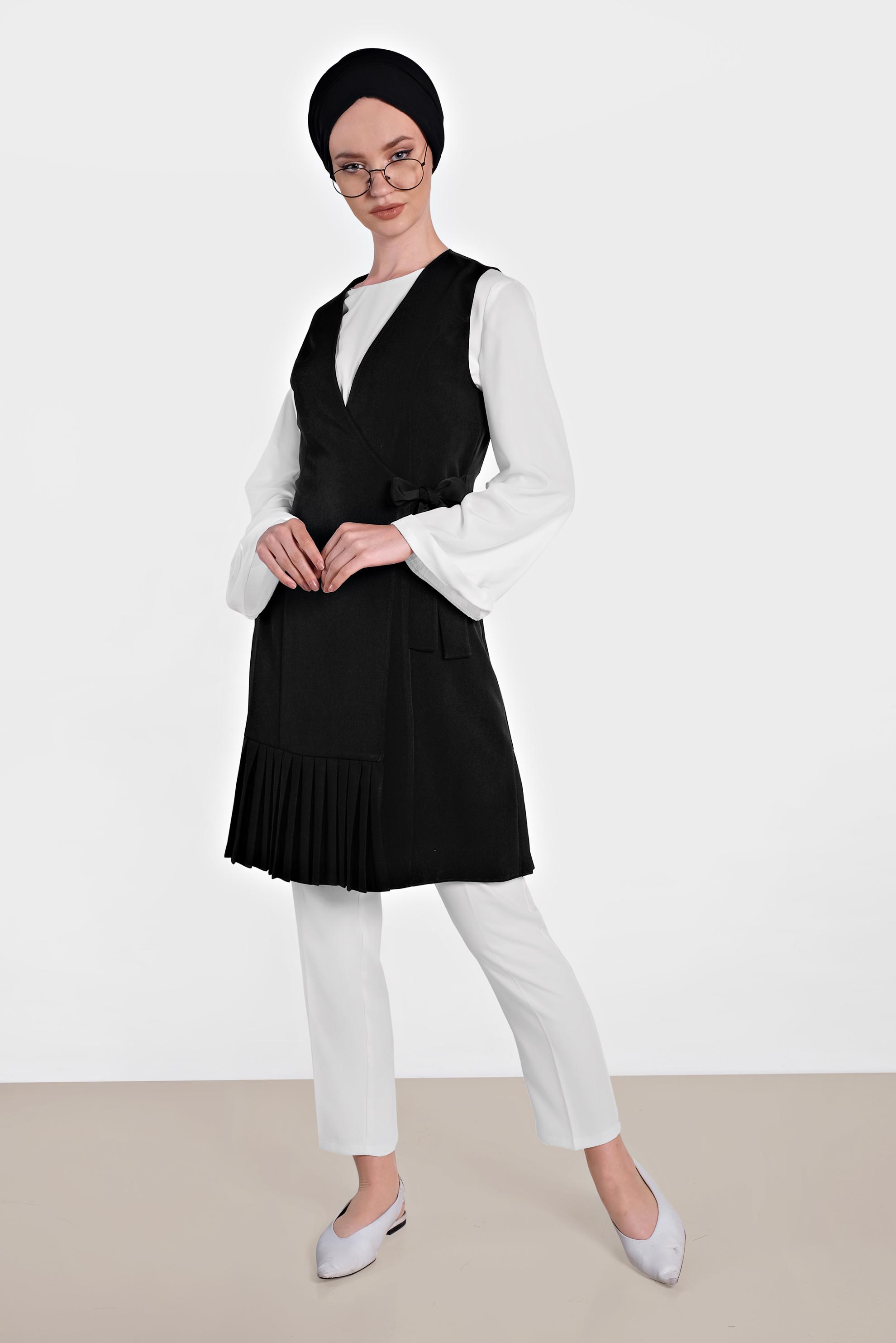 Tesettür giyim SİYAH YANDAN BAĞCIKLI PİLELİ YELEK 4249