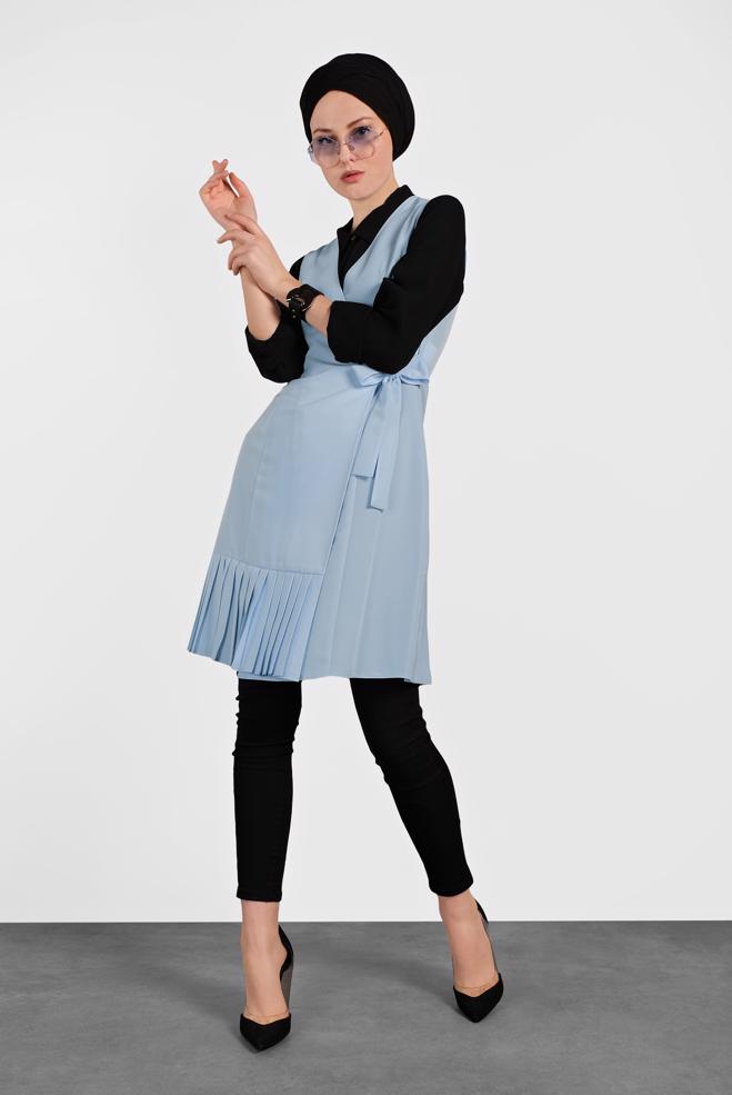 Tesettür giyim MAVİ YANDAN BAĞCIKLI PİLELİ YELEK 4249 - ALVİNA