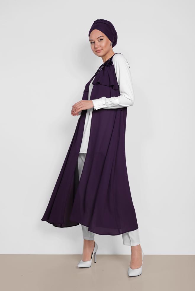 Tesettür giyim MOR PUL PAYETLİ ŞİFON YELEK 4282 - ALVİNA