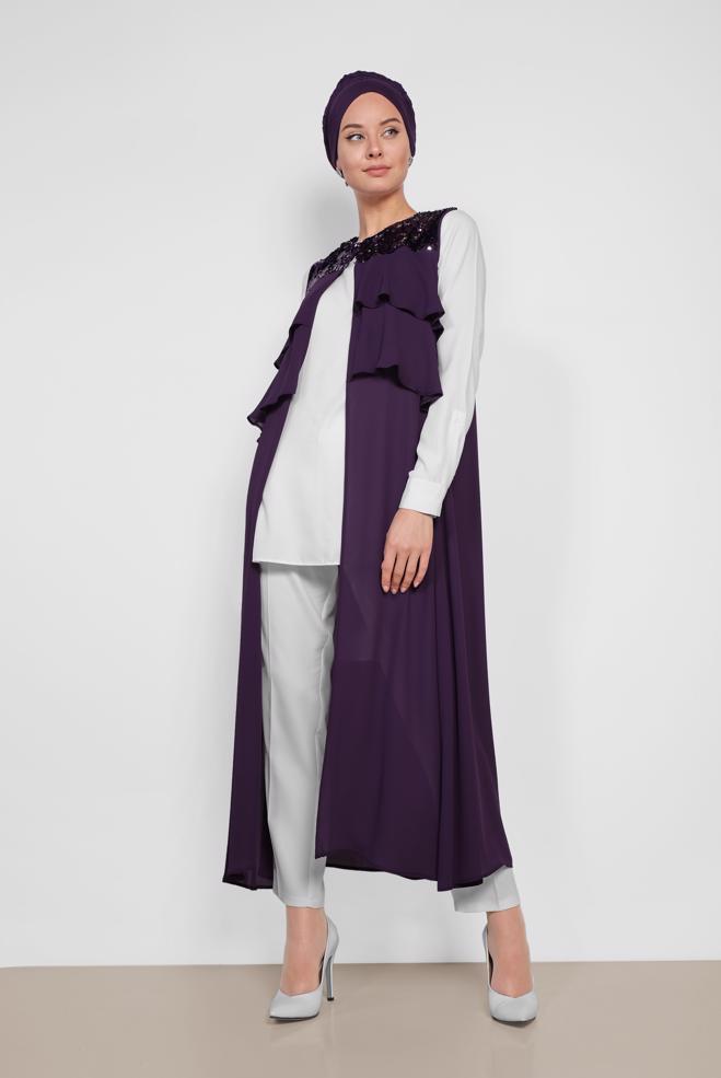 Tesettür giyim MOR PUL PAYETLİ ŞİFON YELEK 4282 - ALVİNA