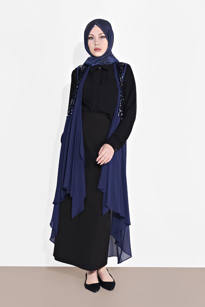 Tesettür giyim LACİVERT PUL PAYETLİ ŞİFON YELEK 4283 - ALVİNA