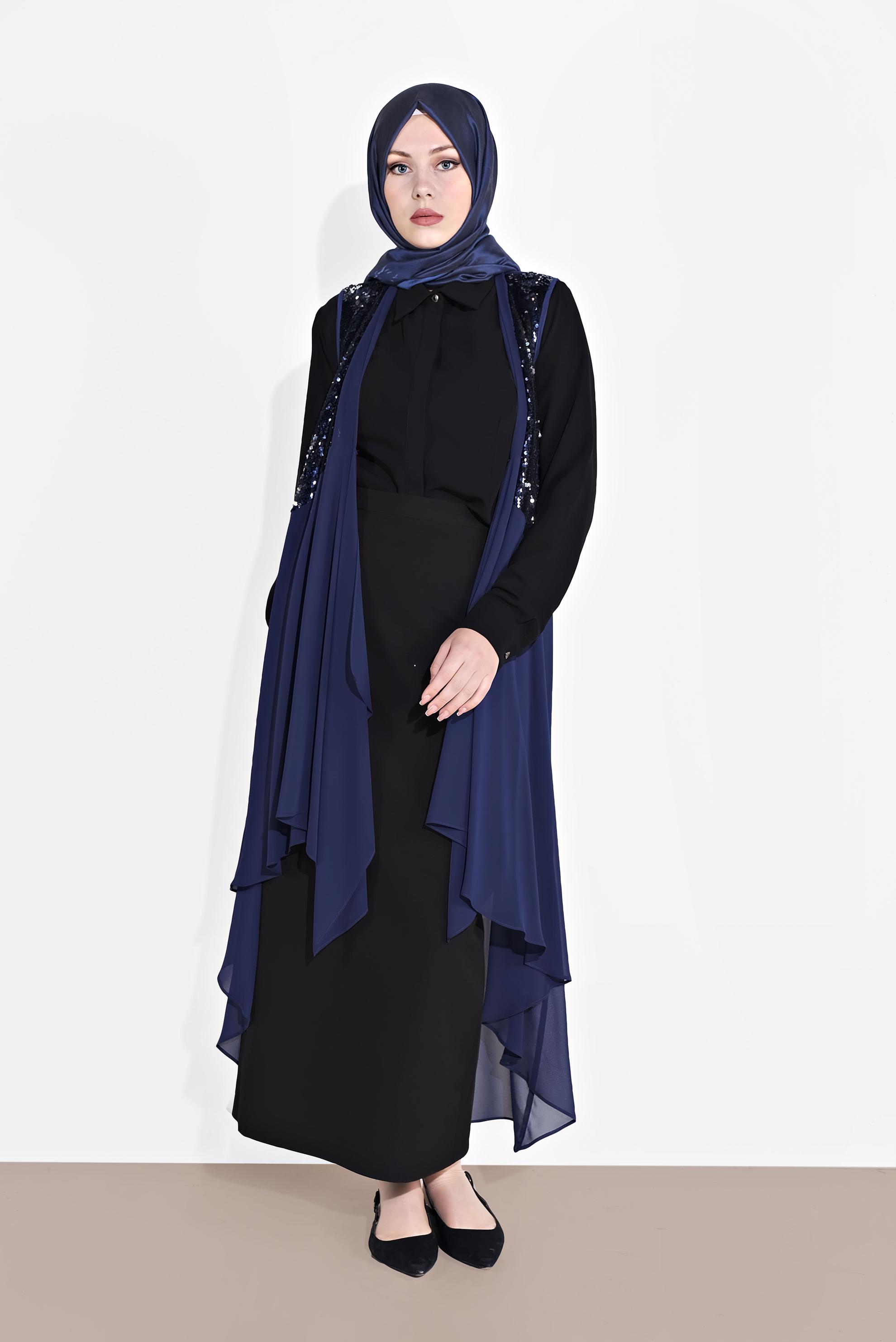 Tesettür giyim LACİVERT PUL PAYETLİ ŞİFON YELEK 4283