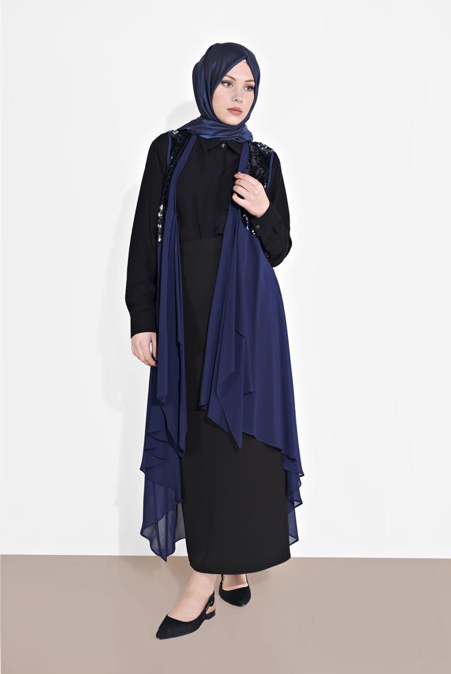 Tesettür giyim LACİVERT PUL PAYETLİ ŞİFON YELEK 4283 - ALVİNA