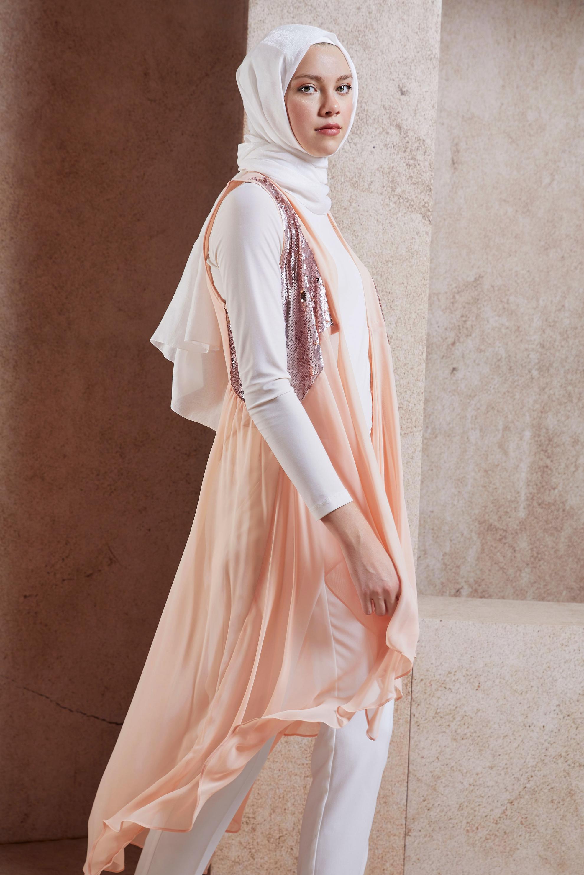 Tesettür giyim PUDRA PUL PAYETLİ ŞİFON YELEK 4283