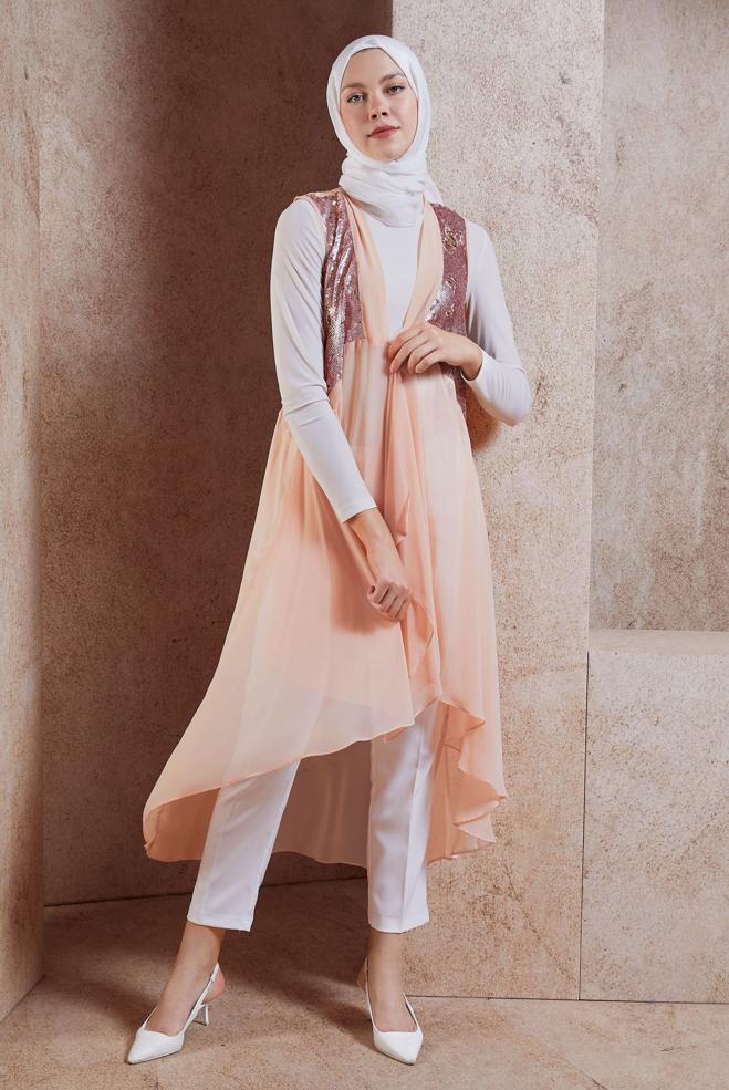 Tesettür giyim PUDRA PUL PAYETLİ ŞİFON YELEK 4283 - ALVİNA